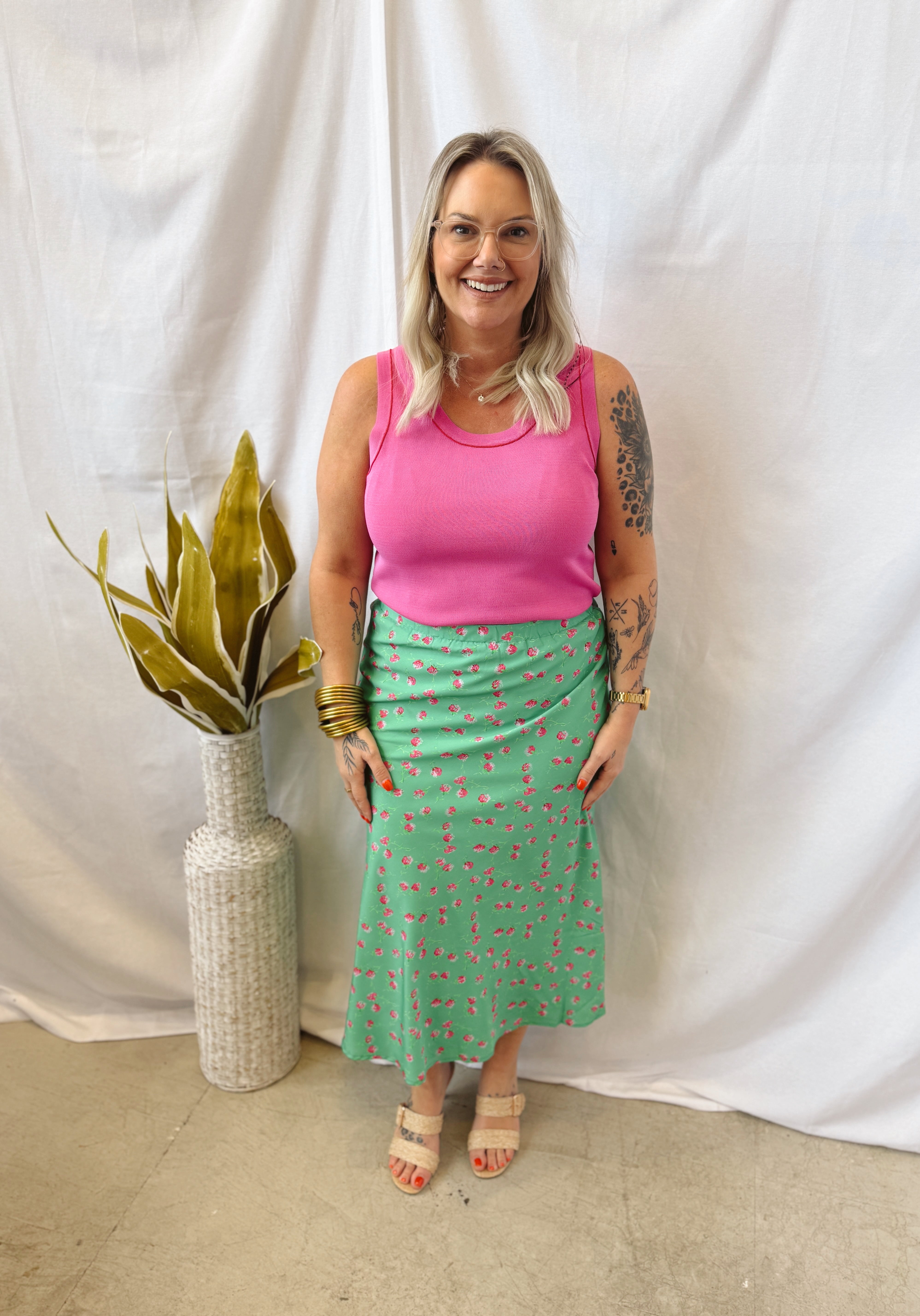 Green and Pink Floral Midi Skirt-Skirts-wishlist-The Silo Boutique, Women's Fashion Boutique Located in Warren and Grand Forks North Dakota