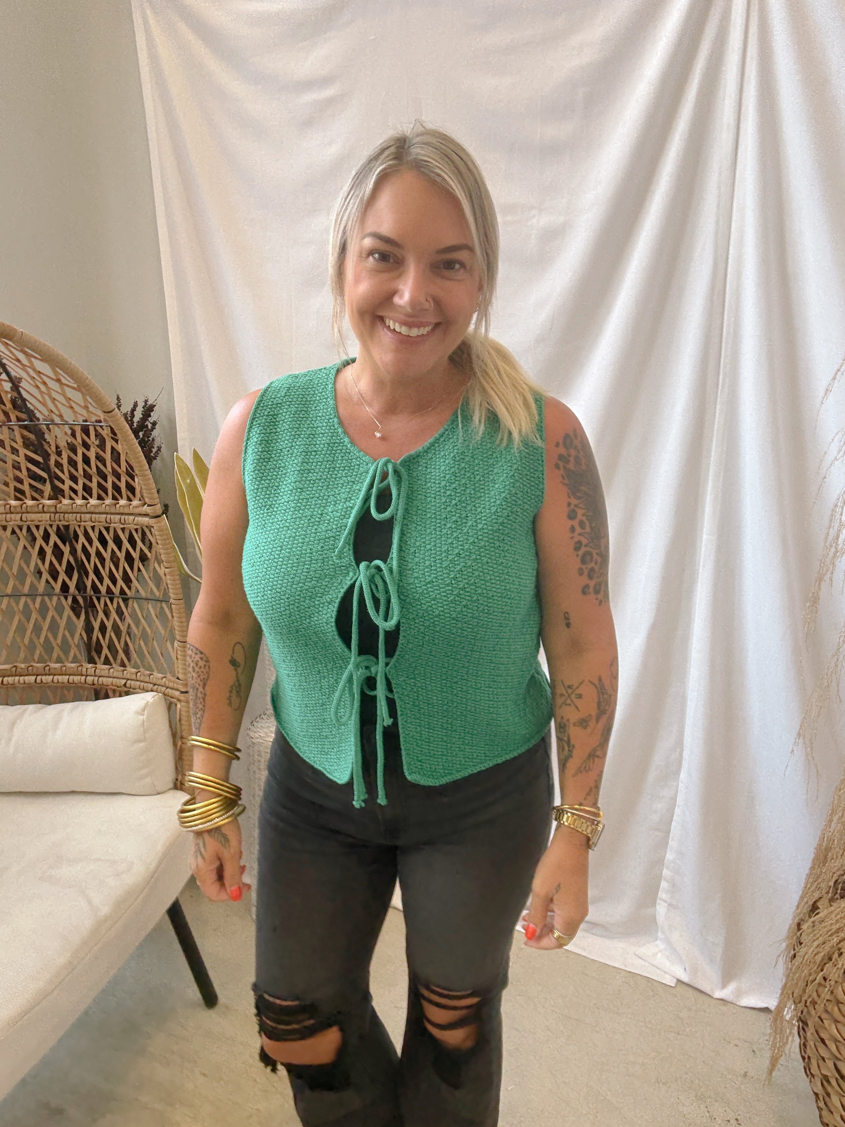 Kelly Green Tie Front Sweater Tank-Vests-Zenana-The Silo Boutique, Women's Fashion Boutique Located in Warren and Grand Forks North Dakota