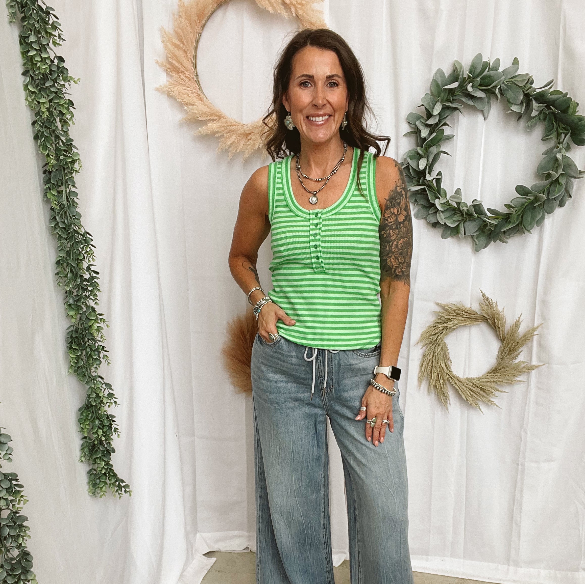 Janie Striped Tank Top-Green-Tank Tops-very j-The Silo Boutique, Women's Fashion Boutique Located in Warren and Grand Forks North Dakota