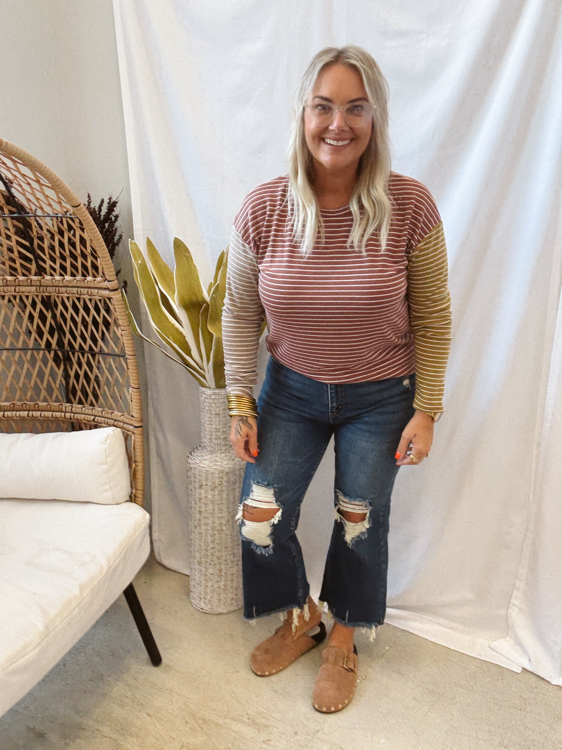 Striped Colorblock Crew Neck Top-Long Sleeve Tops-hem and thread-The Silo Boutique, Women's Fashion Boutique Located in Warren and Grand Forks North Dakota