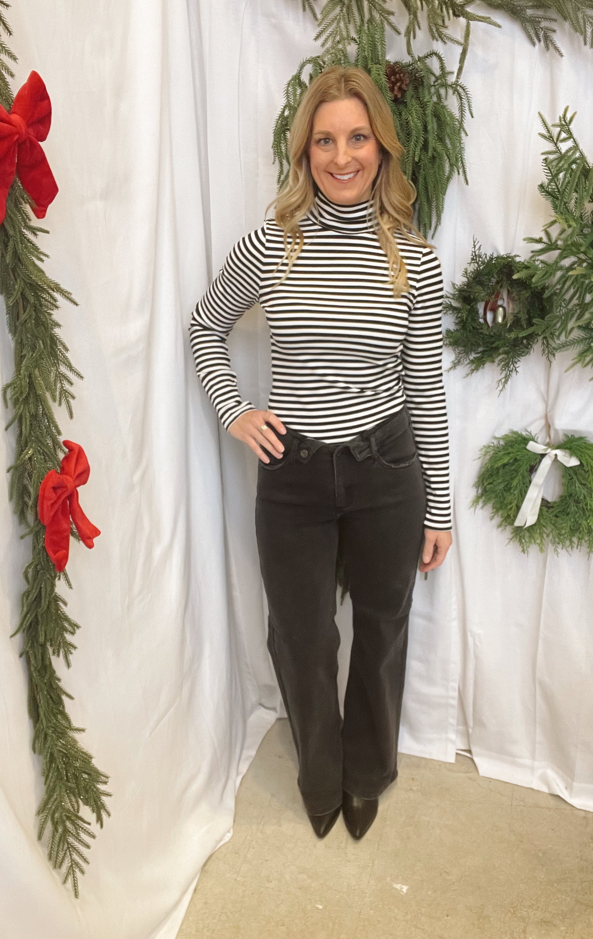 Leslie Striped Turtleneck-Black-Long Sleeve Tops-hyfve-The Silo Boutique, Women's Fashion Boutique Located in Warren and Grand Forks North Dakota