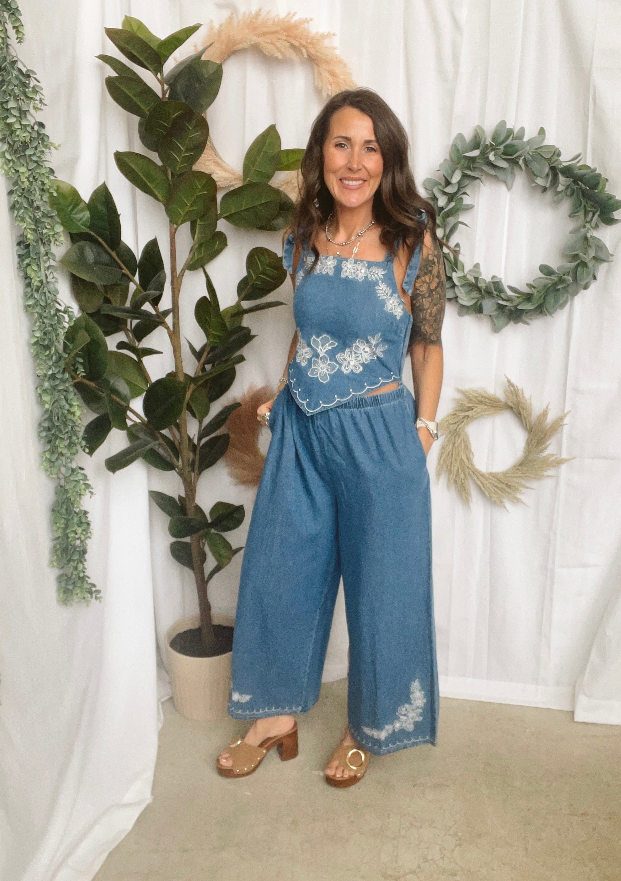 Denim Floral Jumpsuit-Jumpsuits & Rompers-peach love-The Silo Boutique, Women's Fashion Boutique Located in Warren and Grand Forks North Dakota