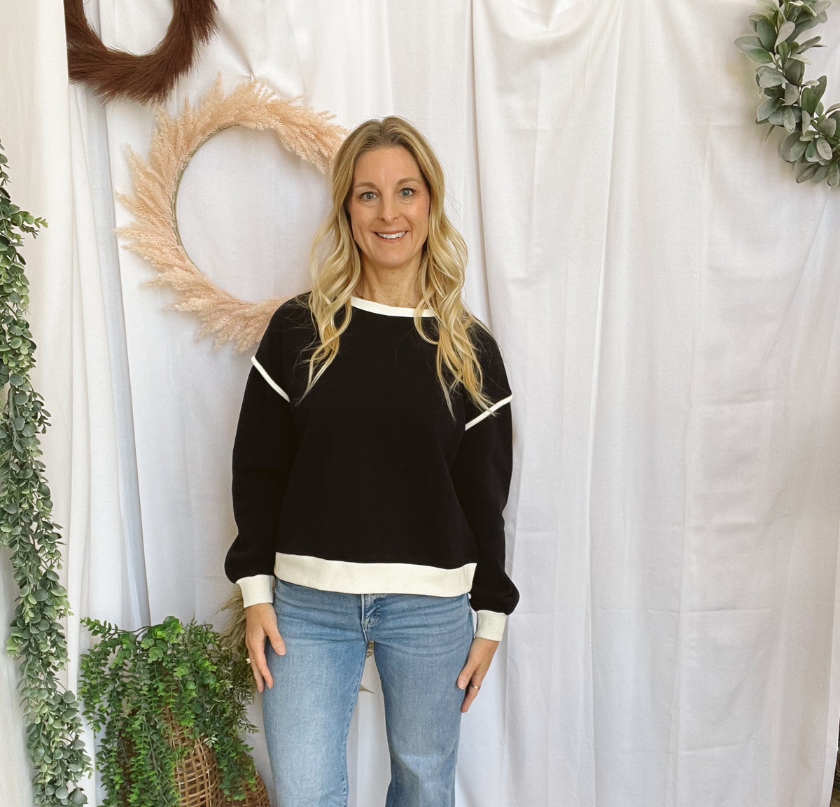 Karen Piping Detail Sweatshirt-Black-Sweatshirts-Zenana-The Silo Boutique, Women's Fashion Boutique Located in Warren and Grand Forks North Dakota