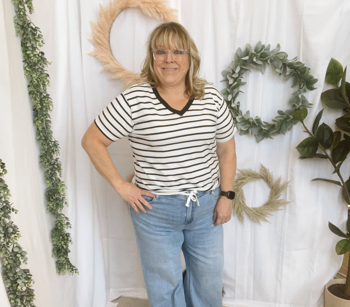 Izzy Striped V Neck Top-Black-Short Sleeve Tops-Zenana-The Silo Boutique, Women's Fashion Boutique Located in Warren and Grand Forks North Dakota