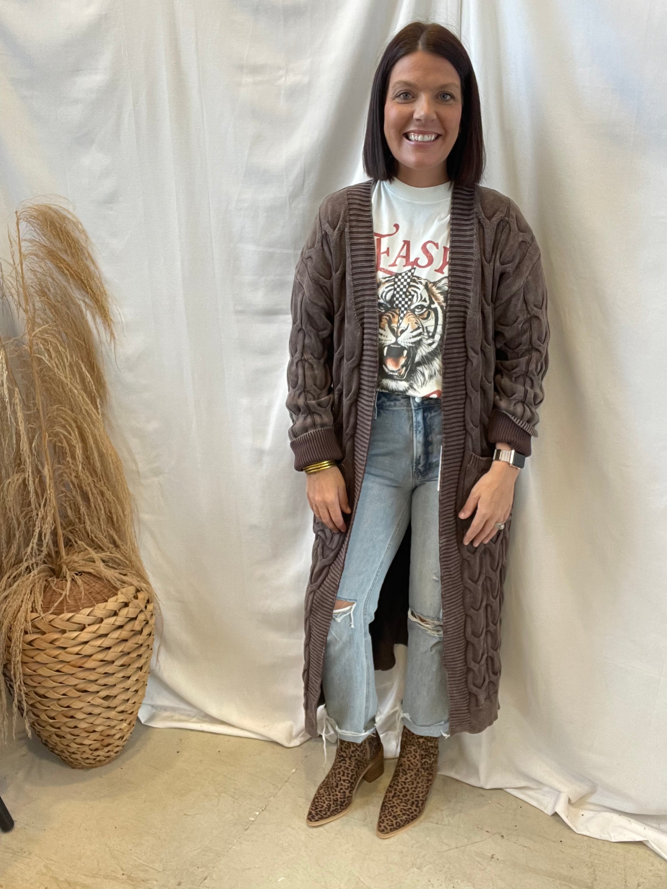 Mineral Wash Long Cardigan-Brown-Cardigans-hesperus-The Silo Boutique, Women's Fashion Boutique Located in Warren and Grand Forks North Dakota