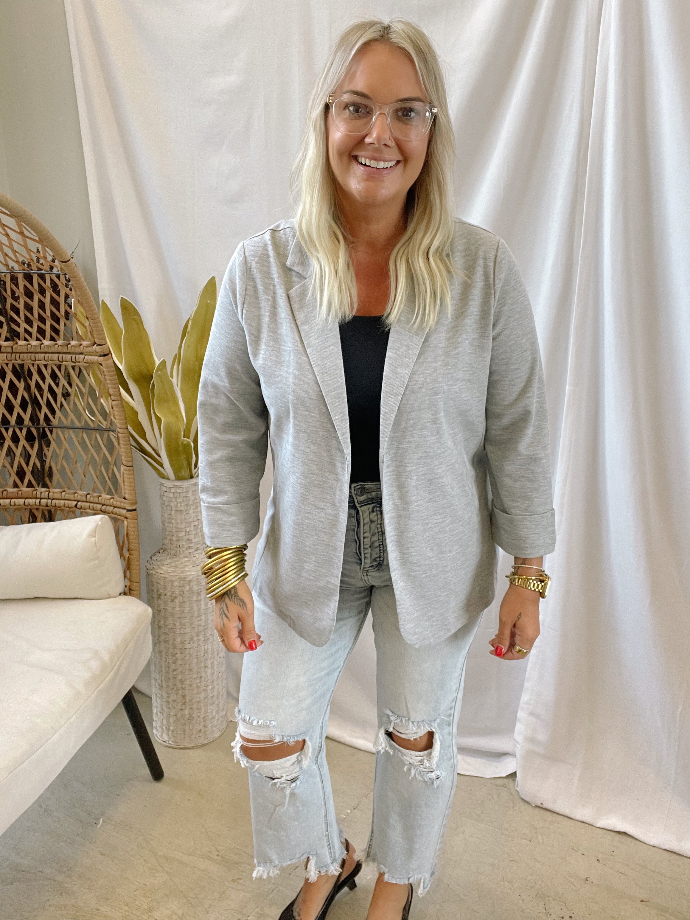 Rae Knit Blazer-Grey-Blazers-Doe and Rae-The Silo Boutique, Women's Fashion Boutique Located in Warren and Grand Forks North Dakota