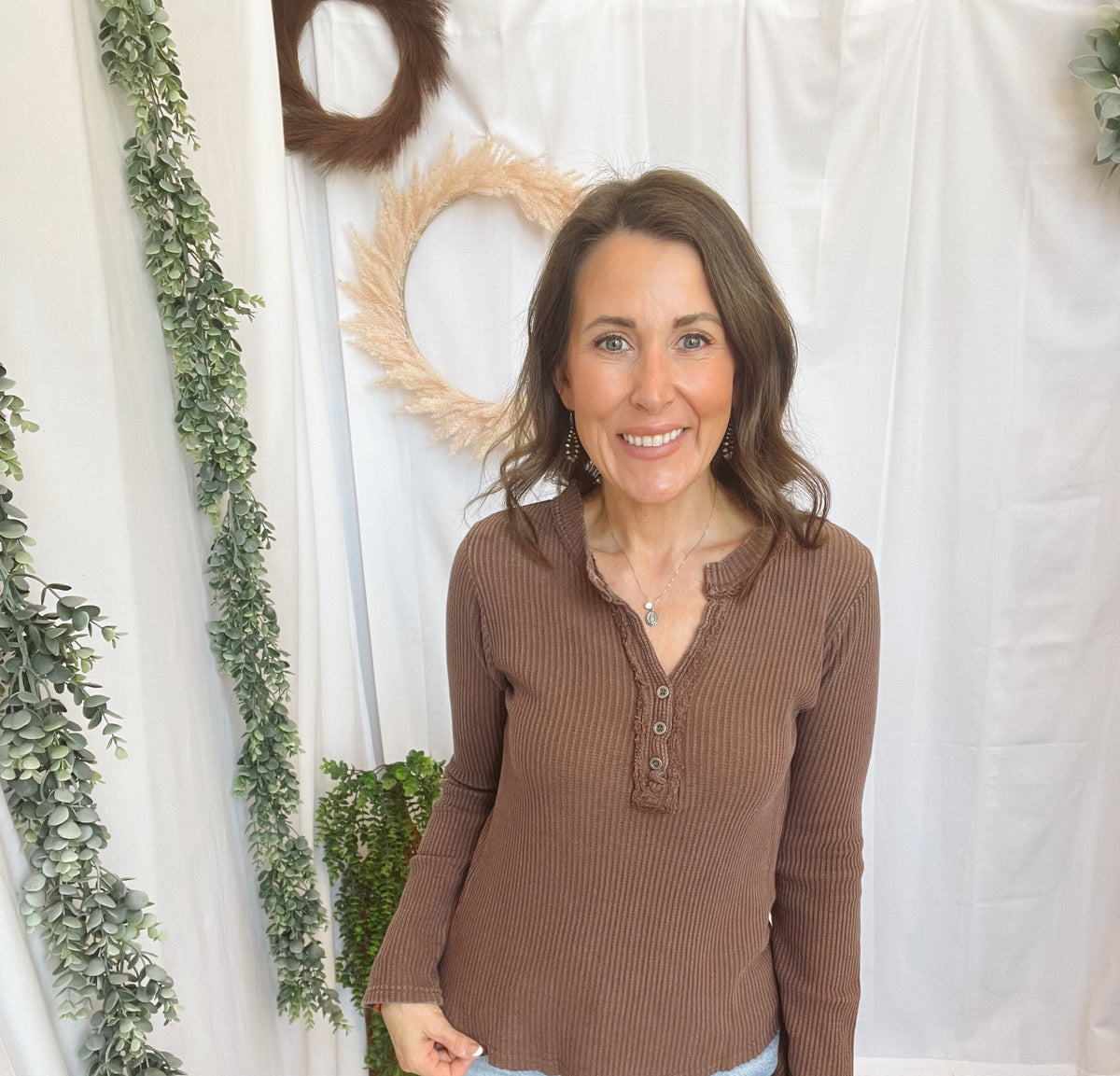Clara Henley Top-Brown-Long Sleeve Tops-hyfve-The Silo Boutique, Women's Fashion Boutique Located in Warren and Grand Forks North Dakota