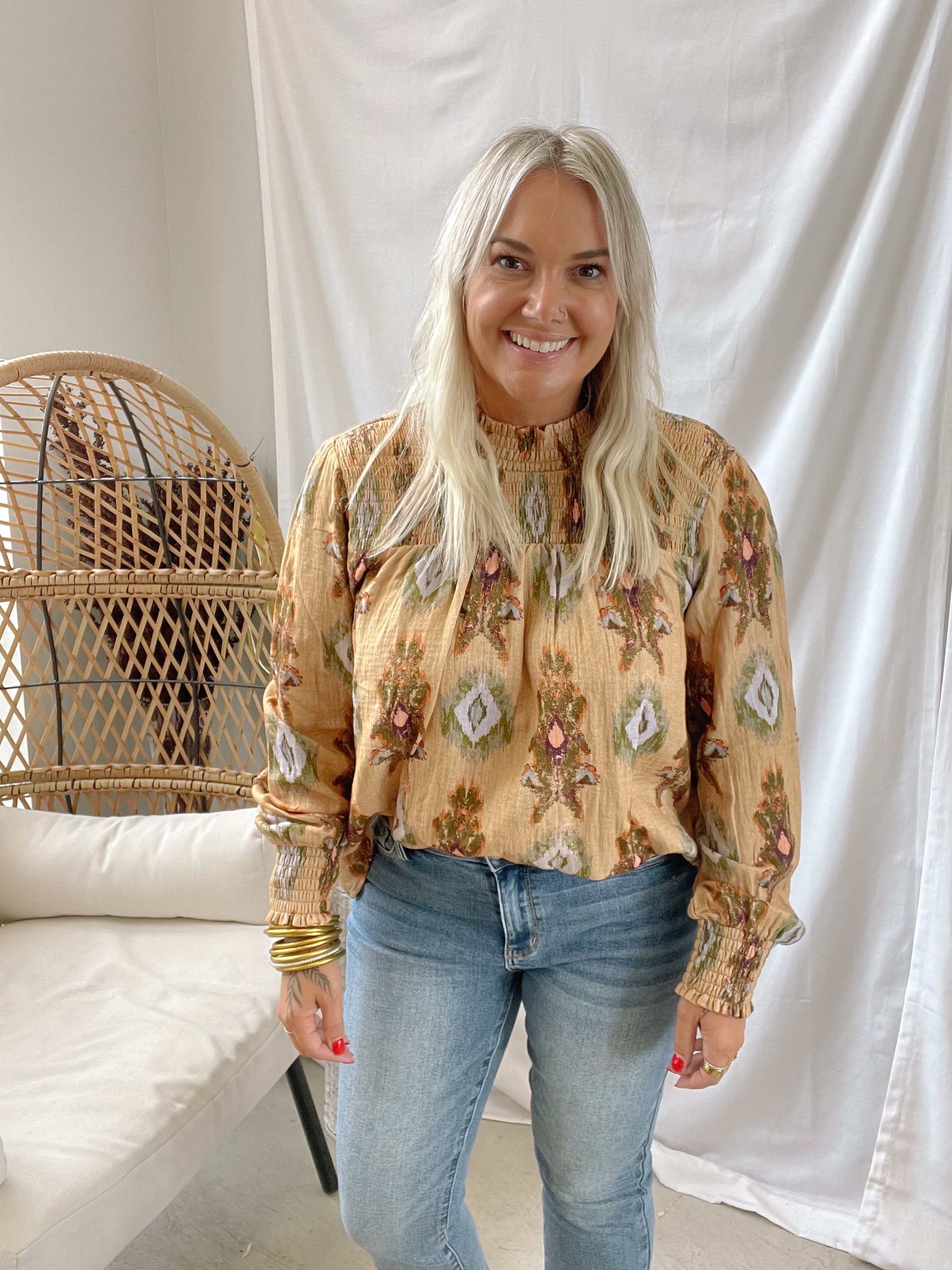 Latte Smock Yoke Top-Long Sleeve Tops-mystree-The Silo Boutique, Women's Fashion Boutique Located in Warren and Grand Forks North Dakota