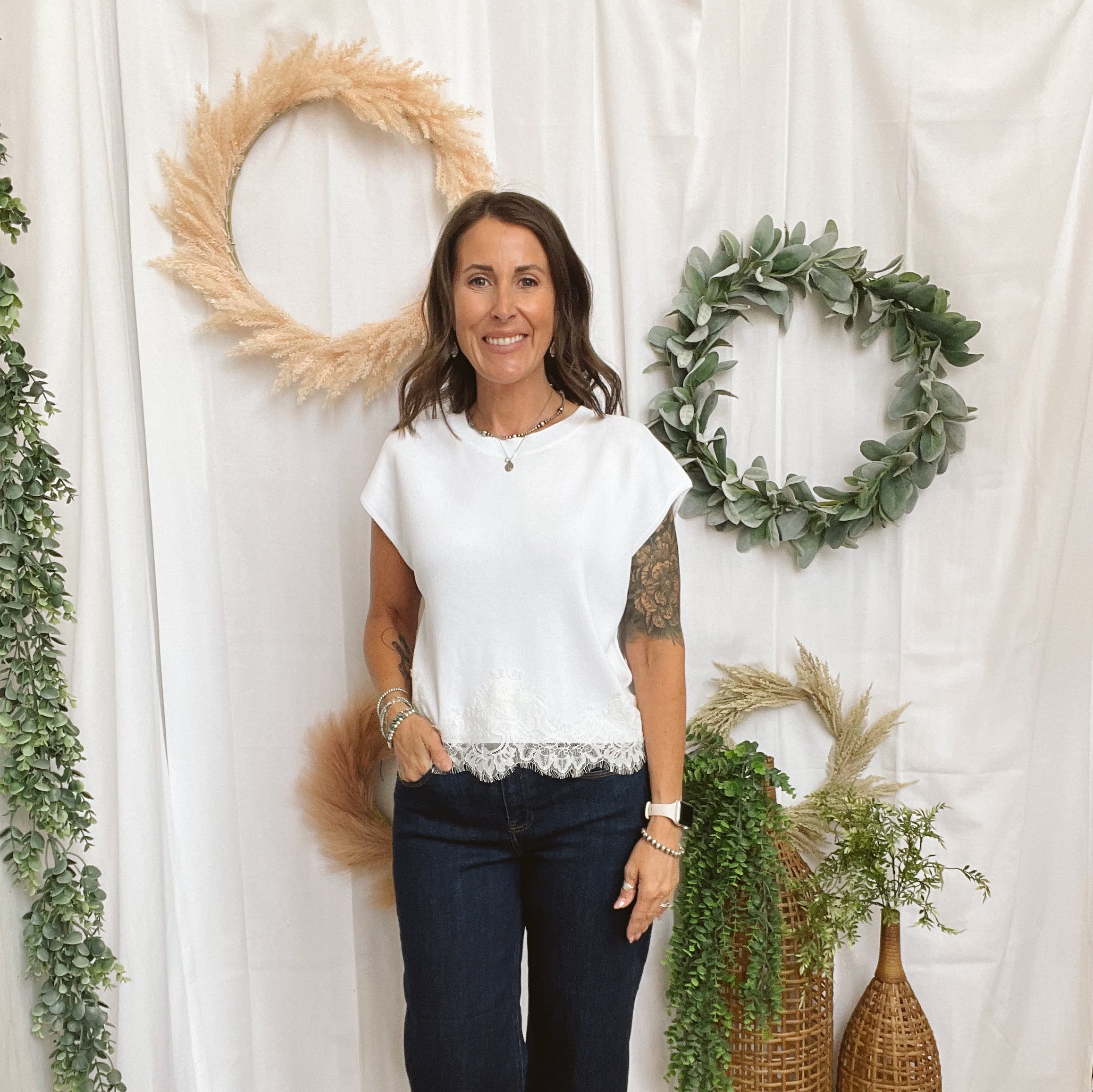 Tessa Knit Lace Hem Top-White-Short Sleeve Tops-entro-The Silo Boutique, Women's Fashion Boutique Located in Warren and Grand Forks North Dakota