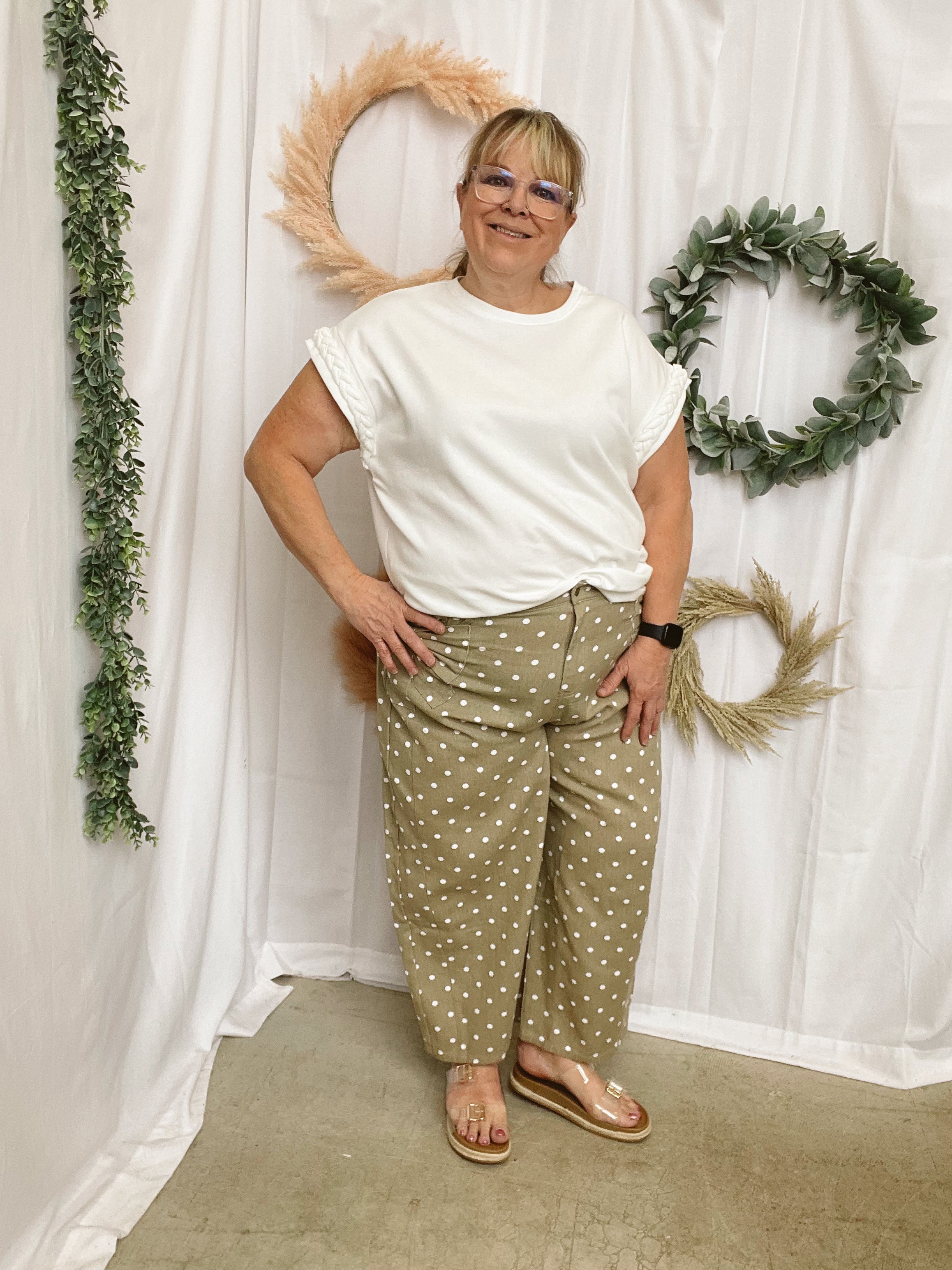 Jonie Polka Dot Pants-Taupe-Pants-oddi-The Silo Boutique, Women's Fashion Boutique Located in Warren and Grand Forks North Dakota