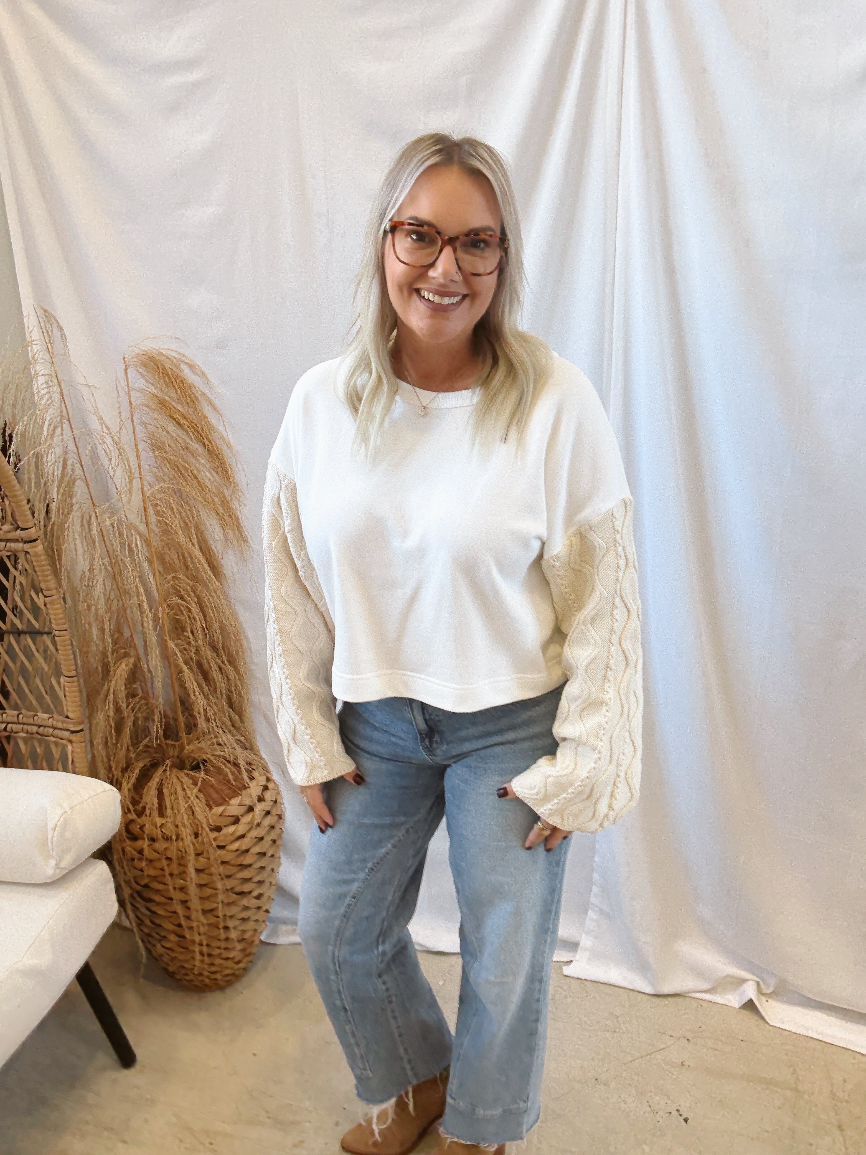By Together Cable Knit Sleeve Pullover-Long Sleeve Tops-by together-The Silo Boutique, Women's Fashion Boutique Located in Warren and Grand Forks North Dakota