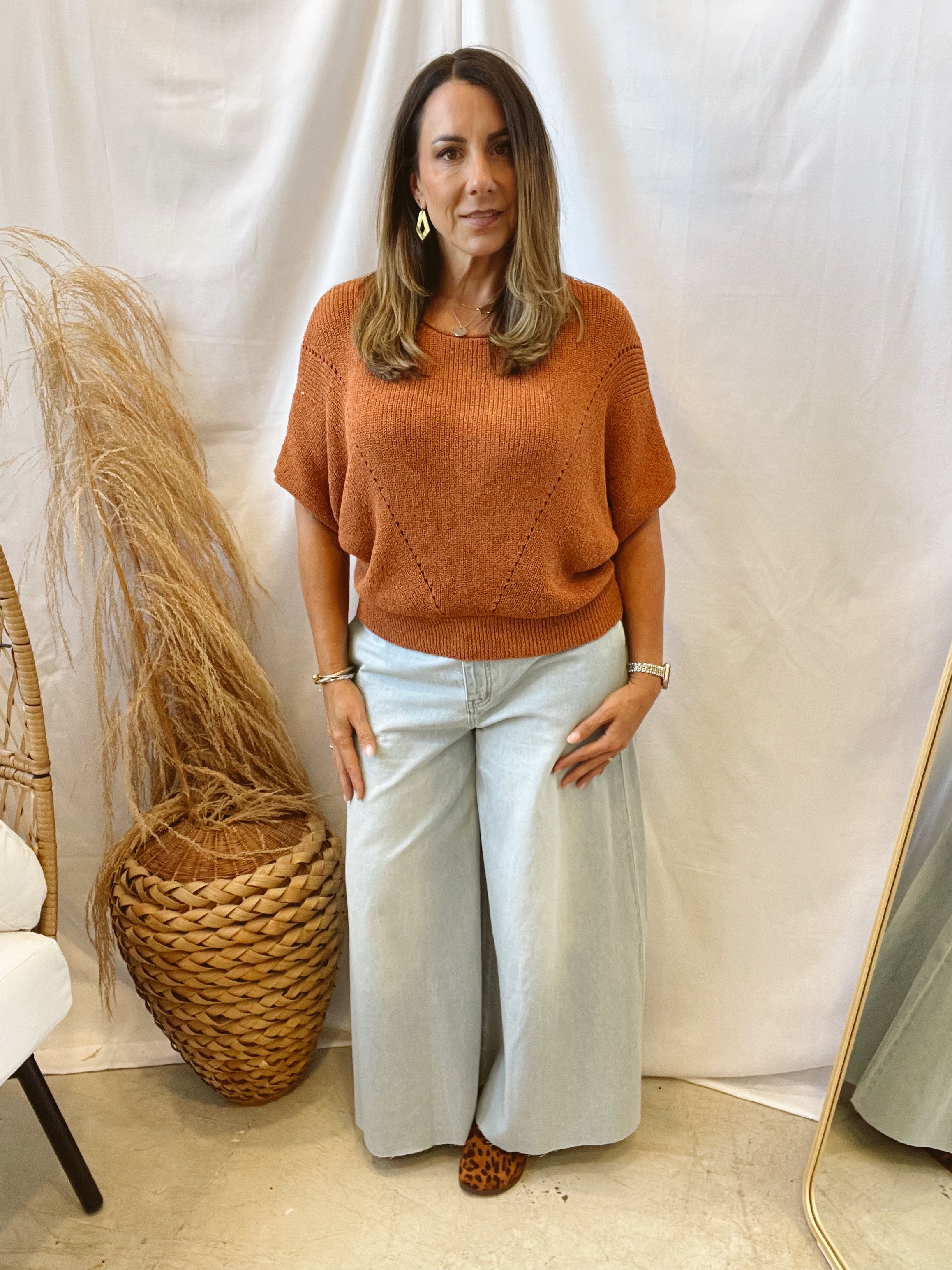 Pointelle Short Sleeve Sweater-Rust-Sweaters-promesa-The Silo Boutique, Women's Fashion Boutique Located in Warren and Grand Forks North Dakota