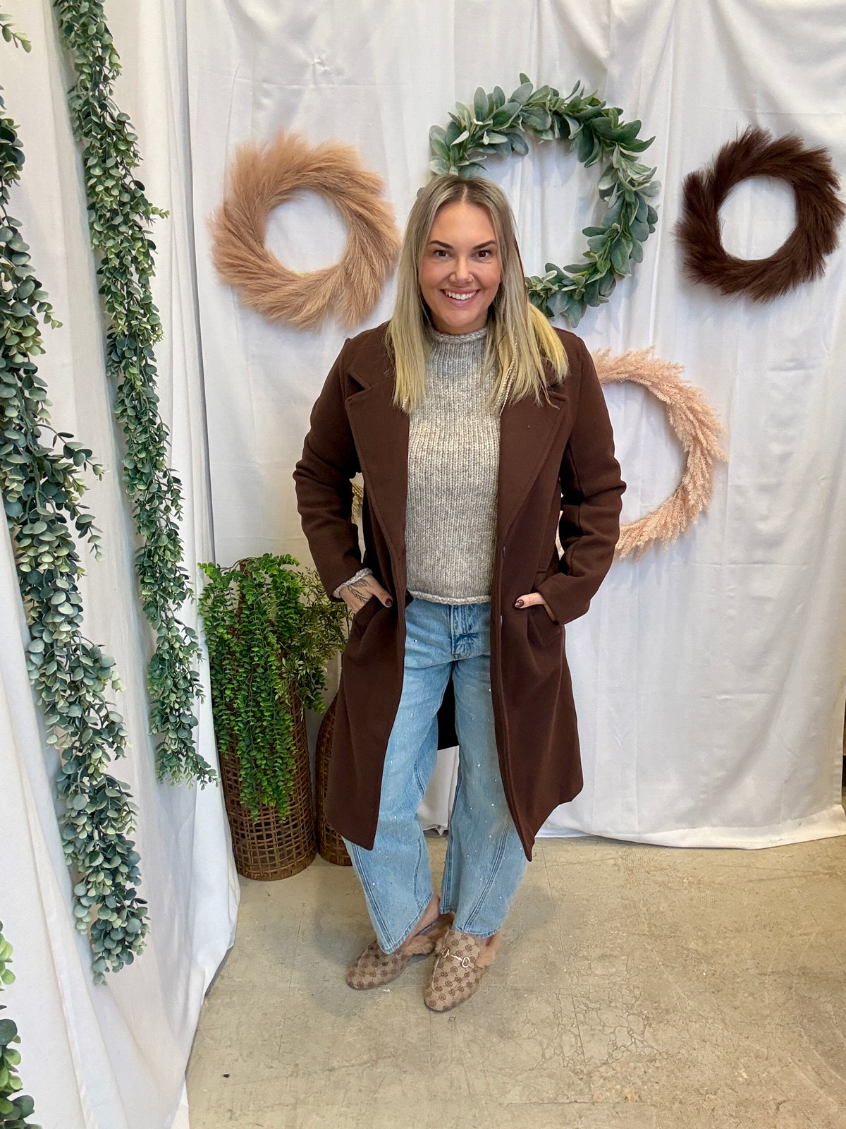 Nora Longline Lapel Coat-Brown-Coats & Jackets-love tree-The Silo Boutique, Women's Fashion Boutique Located in Warren and Grand Forks North Dakota