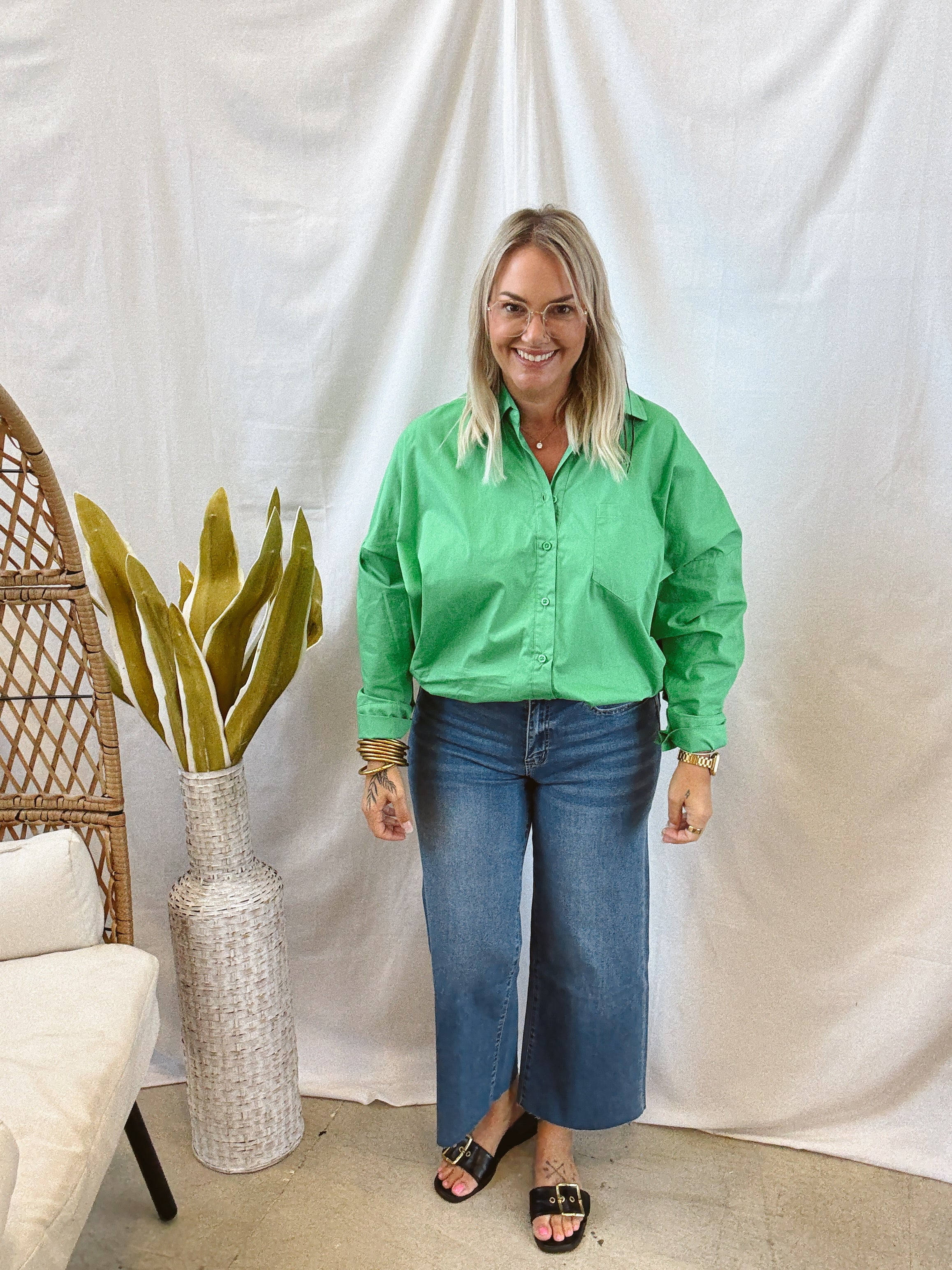 Green Button Down Long Sleeve Top-Long Sleeve Tops-hyfve-The Silo Boutique, Women's Fashion Boutique Located in Warren and Grand Forks North Dakota