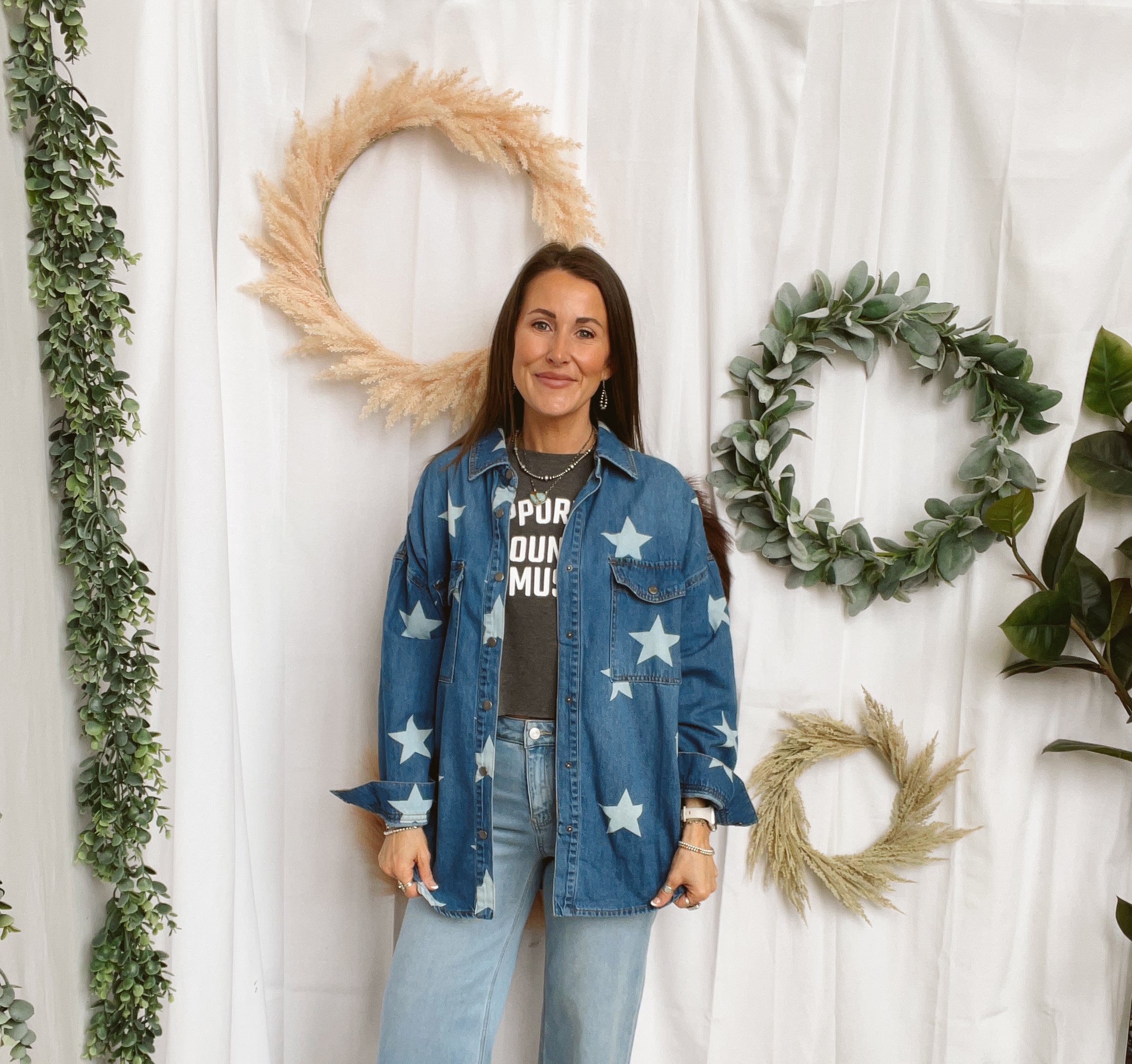 Risen Seeing Stars Denim Shirt-Long Sleeve Tops-risen-The Silo Boutique, Women's Fashion Boutique Located in Warren and Grand Forks North Dakota