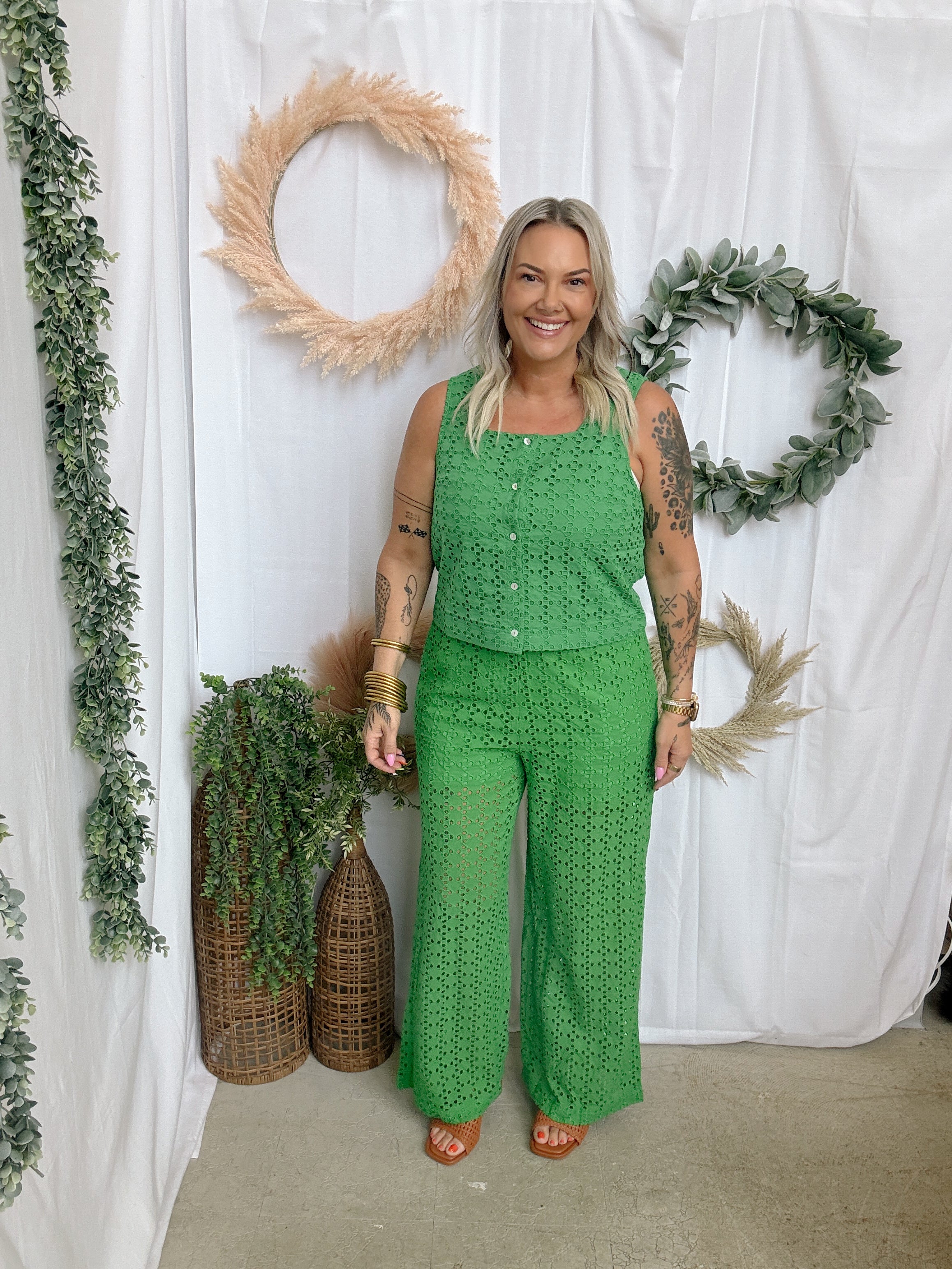 Eyelet Pants-Green-Pants-entro-The Silo Boutique, Women's Fashion Boutique Located in Warren and Grand Forks North Dakota