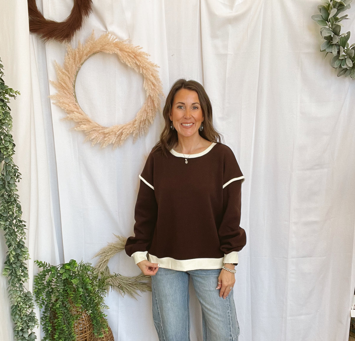 Karen Piping Detail Sweatshirt-Brown-Sweatshirts-Zenana-The Silo Boutique, Women's Fashion Boutique Located in Warren and Grand Forks North Dakota