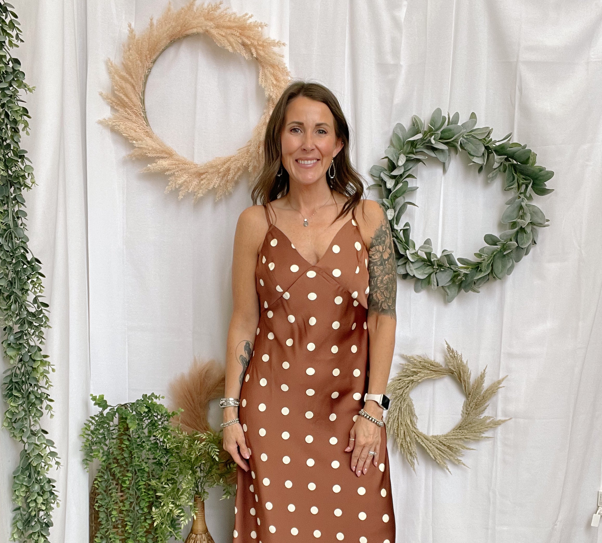 The Long Polka Dot Dress-Chestnut-Pants-eesome-The Silo Boutique, Women's Fashion Boutique Located in Warren and Grand Forks North Dakota