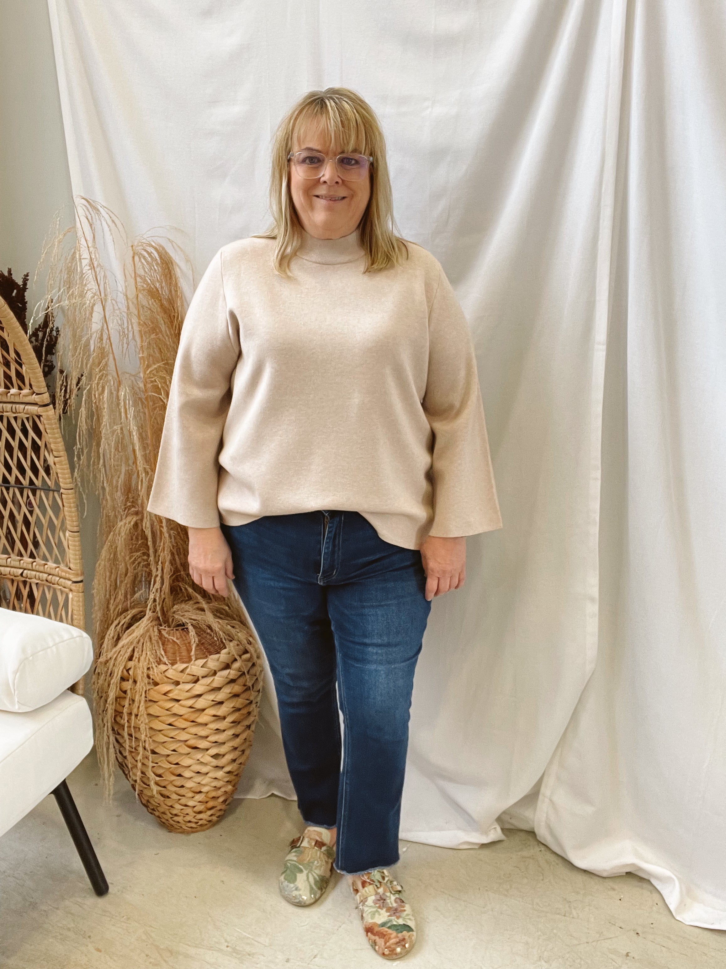 Evelyn Mock Neck Sweater-Almond-Sweaters-entro-The Silo Boutique, Women's Fashion Boutique Located in Warren and Grand Forks North Dakota