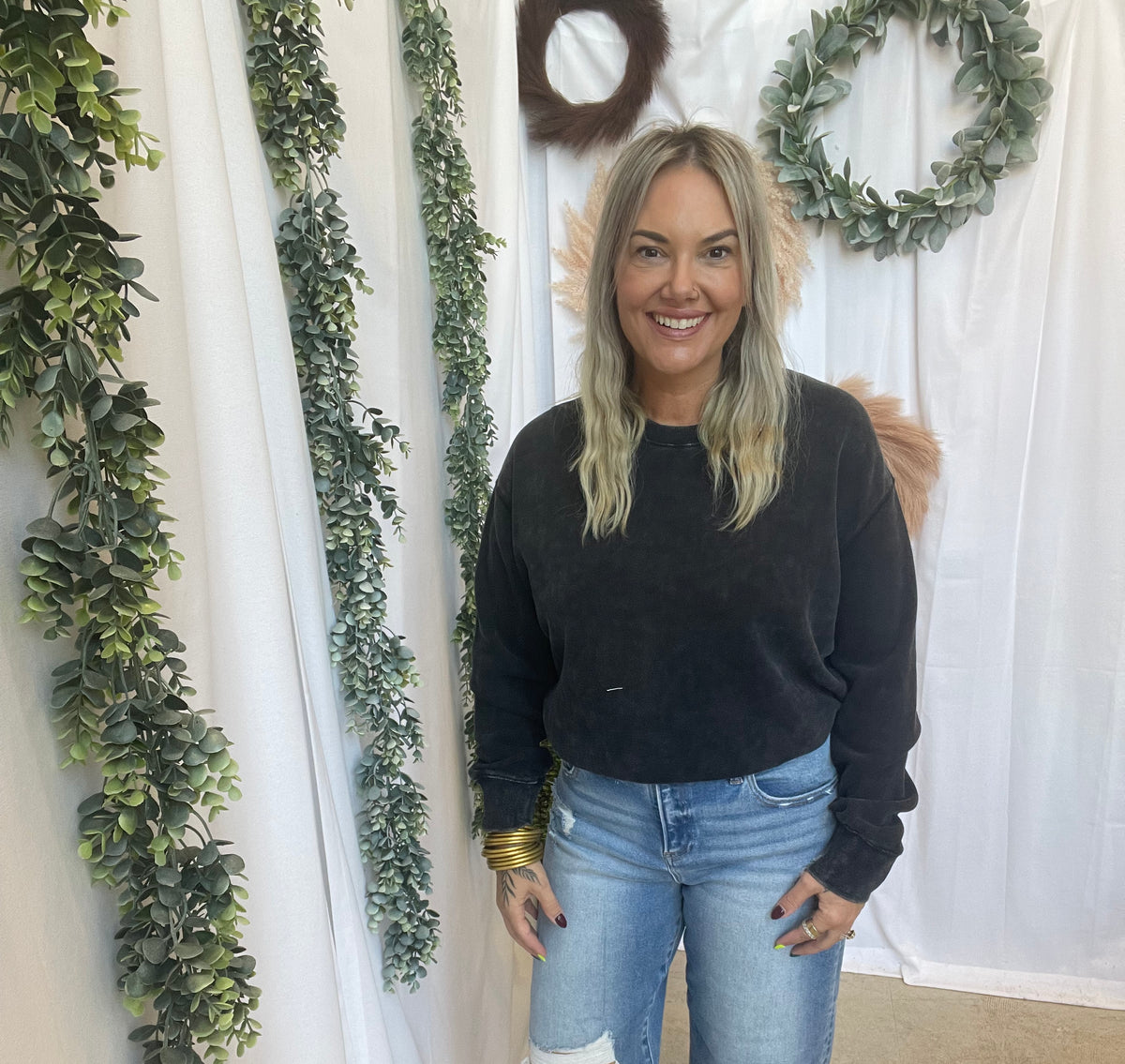 Lillian Crew Sweatshirt-Black-Sweatshirts-hyfve-The Silo Boutique, Women's Fashion Boutique Located in Warren and Grand Forks North Dakota