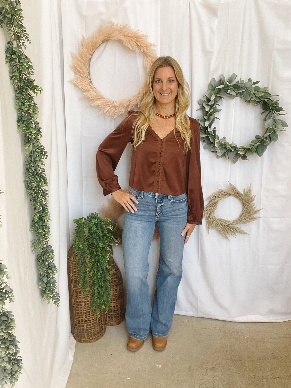 Lacey Trim V Neck Top-Brown-Long Sleeve Tops-listicle-The Silo Boutique, Women's Fashion Boutique Located in Warren and Grand Forks North Dakota