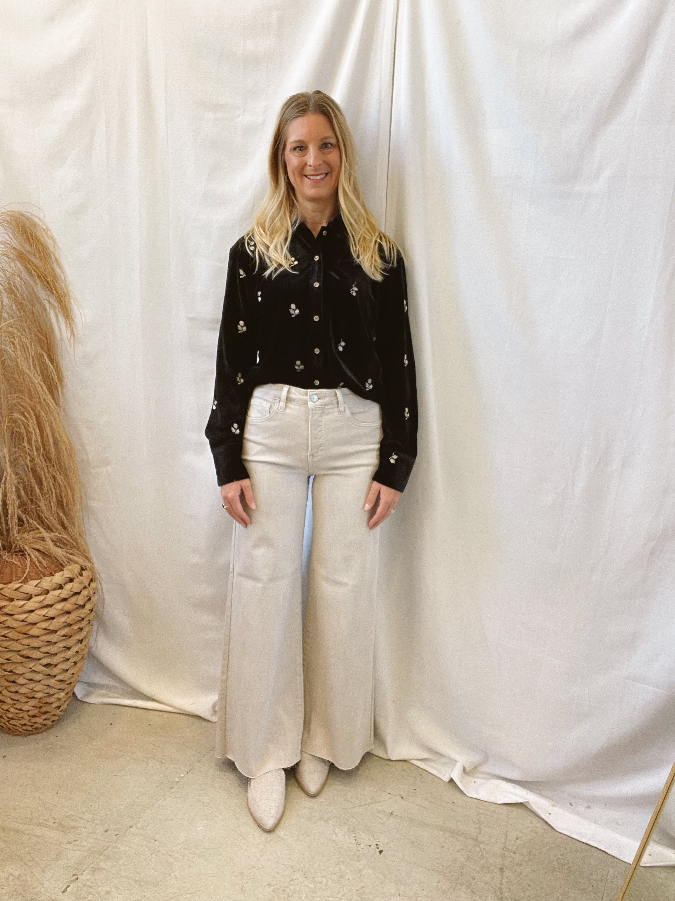 Black Embroidery Button Down Top-Long Sleeve Tops-mystree-The Silo Boutique, Women's Fashion Boutique Located in Warren and Grand Forks North Dakota