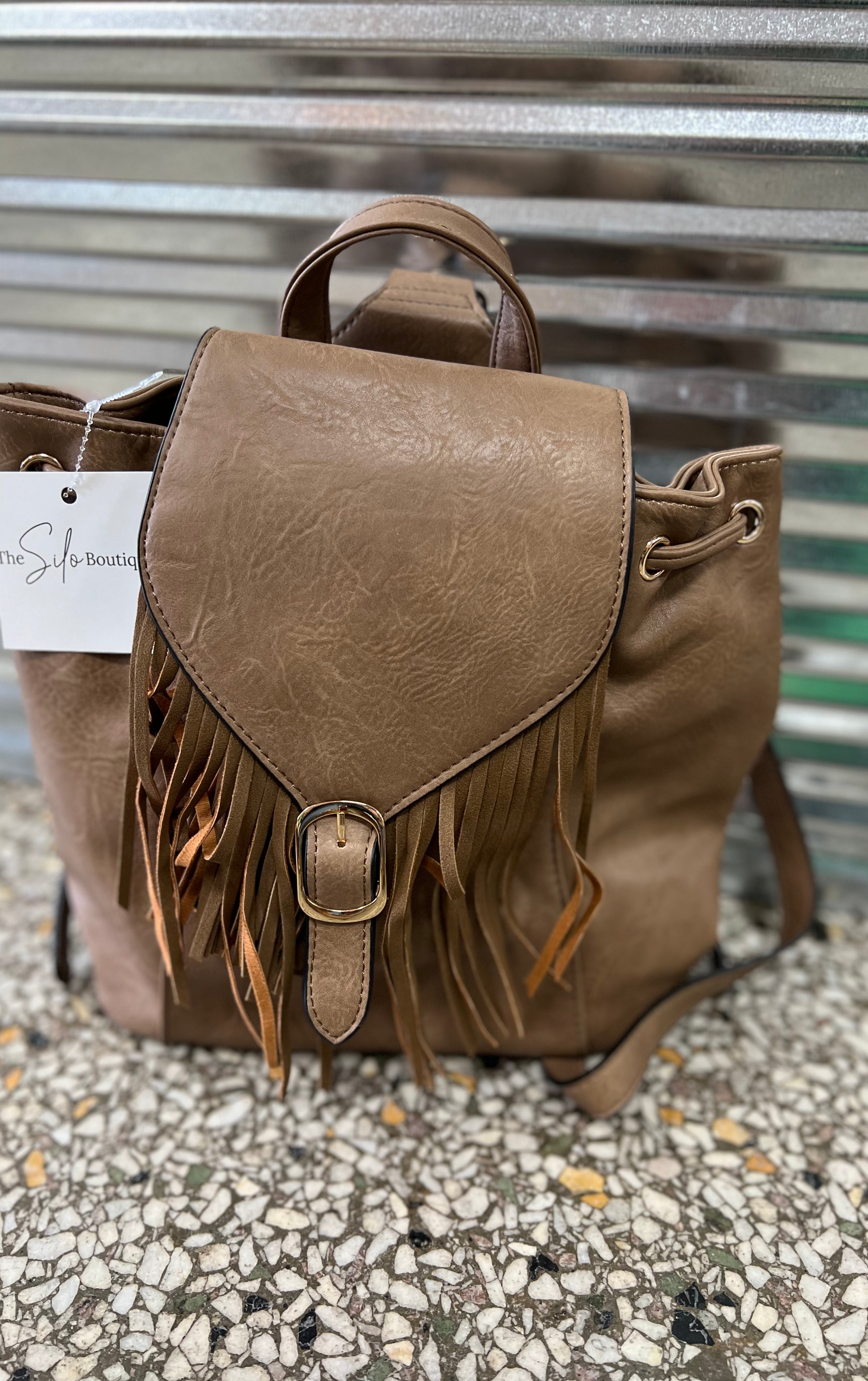 Jen and Co Jewel Bucket Backpack Purse w/ Fringe-Purses-Jen and Co-The Silo Boutique, Women's Fashion Boutique Located in Warren and Grand Forks North Dakota