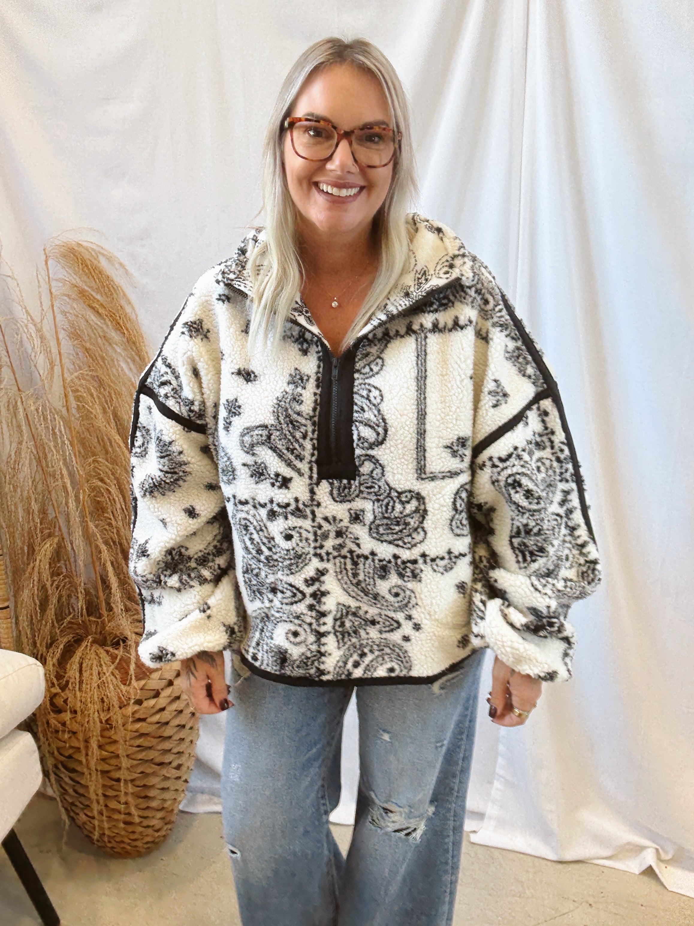 Paisley Sherpa Quarter Zip Up-Sweatshirts-promesa-The Silo Boutique, Women's Fashion Boutique Located in Warren and Grand Forks North Dakota