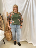 Floral Gathered Sleeve Top-Olive-Short Sleeve Tops-ENTRO-The Silo Boutique, Women's Fashion Boutique Located in Warren and Grand Forks North Dakota
