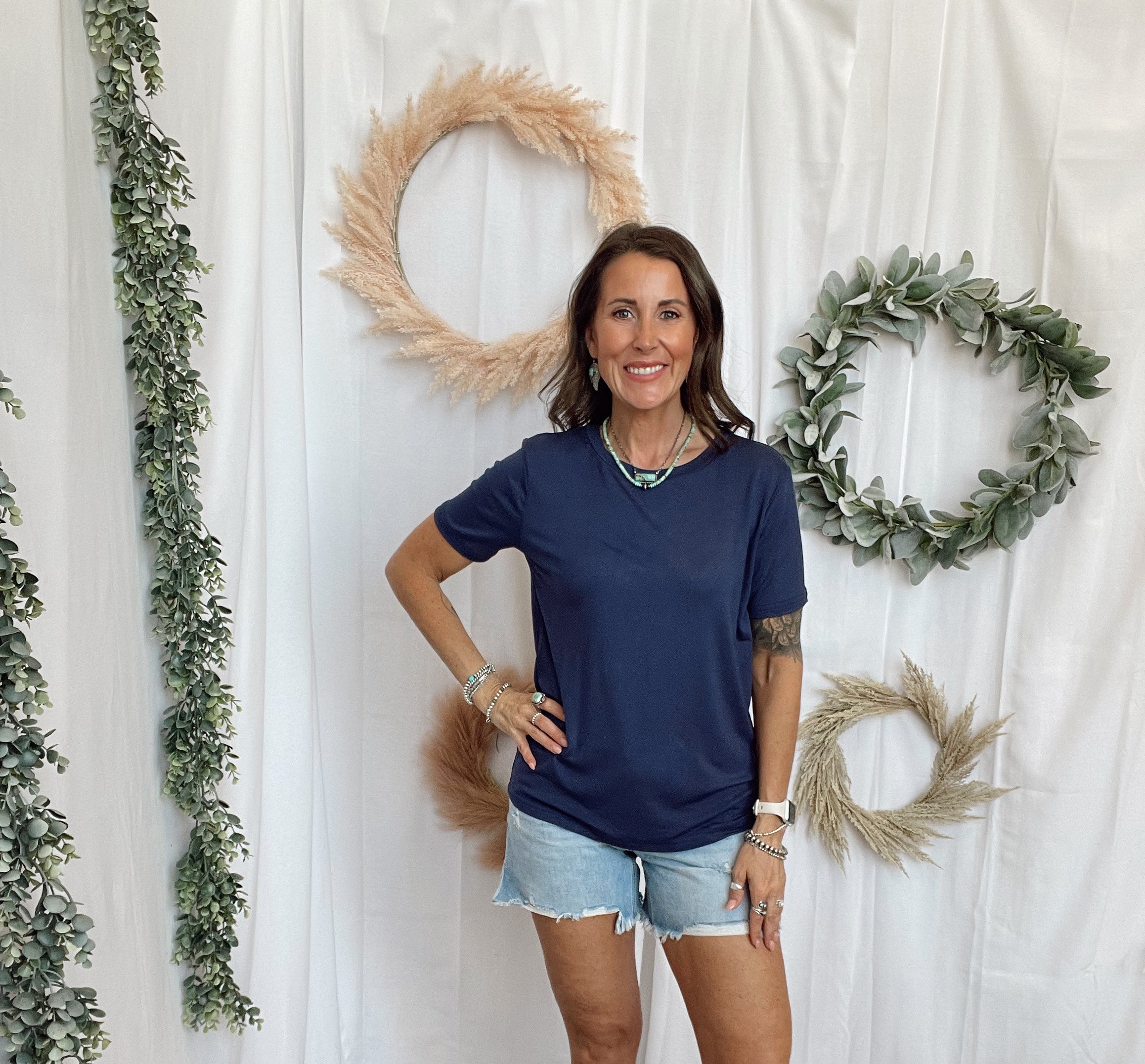 Bella Basic Round Neck Top-Navy-Short Sleeve Tops-staccato-The Silo Boutique, Women's Fashion Boutique Located in Warren and Grand Forks North Dakota