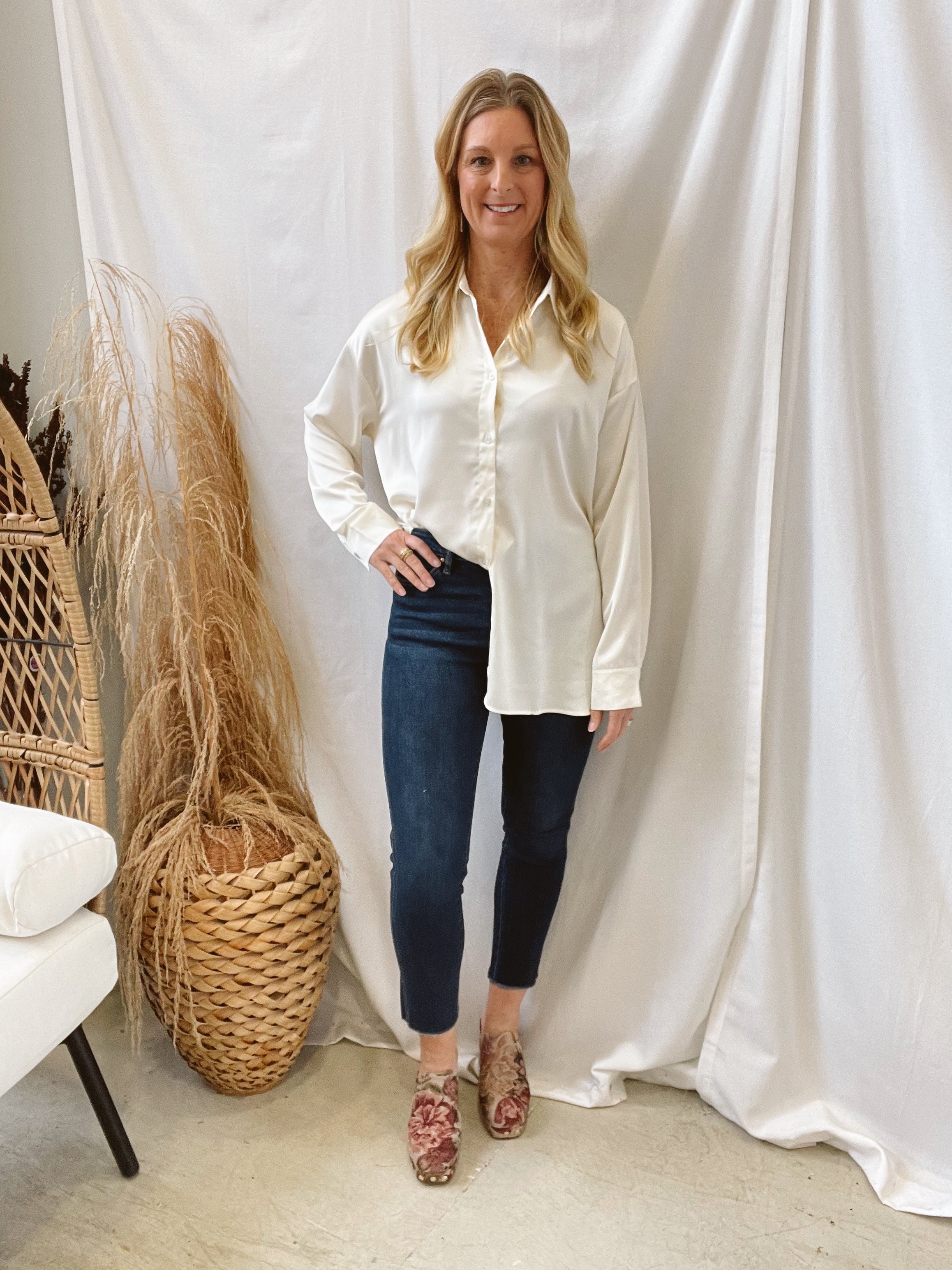 Oversized Satin Top-Cream-Long Sleeve Tops-hyfve-The Silo Boutique, Women's Fashion Boutique Located in Warren and Grand Forks North Dakota