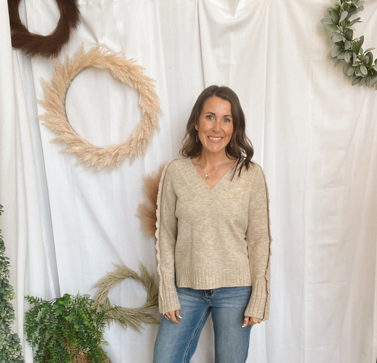 Elan Falling V Neck Sweater-Stone-Sweaters-elan-The Silo Boutique, Women's Fashion Boutique Located in Warren and Grand Forks North Dakota