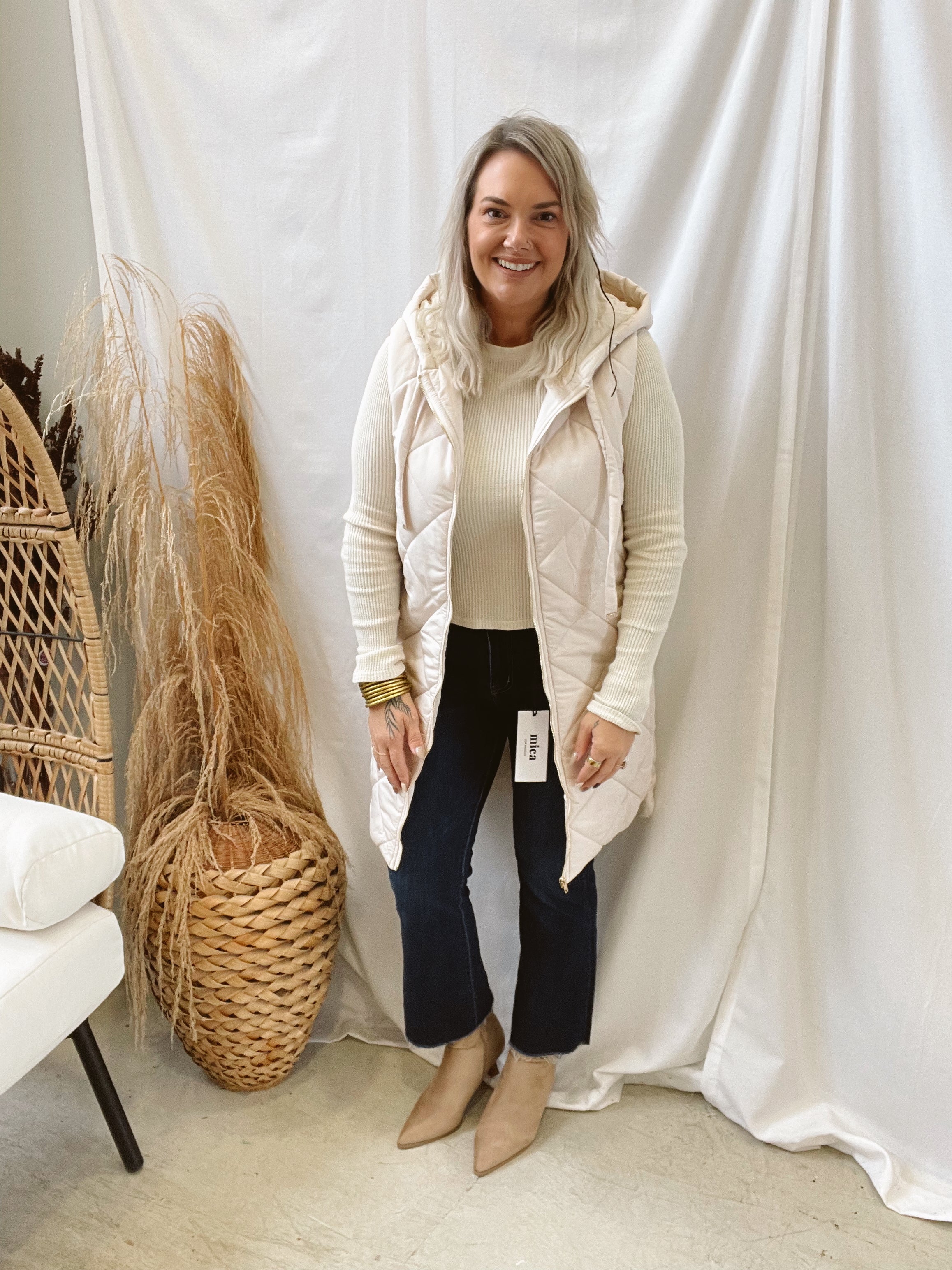 Mystree Hooded Long Vest-Ivory-Vests-mystree-The Silo Boutique, Women's Fashion Boutique Located in Warren and Grand Forks North Dakota