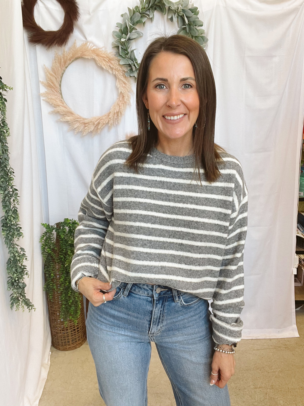 Nikki Stripe Sweater-Heather Gray-Sweaters-hyfve-The Silo Boutique, Women's Fashion Boutique Located in Warren and Grand Forks North Dakota