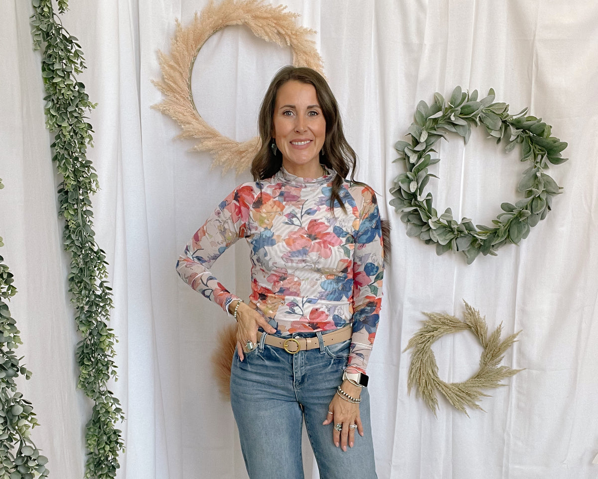 Abstract Floral Mesh Top-Graphic Tees-panache-The Silo Boutique, Women's Fashion Boutique Located in Warren and Grand Forks North Dakota