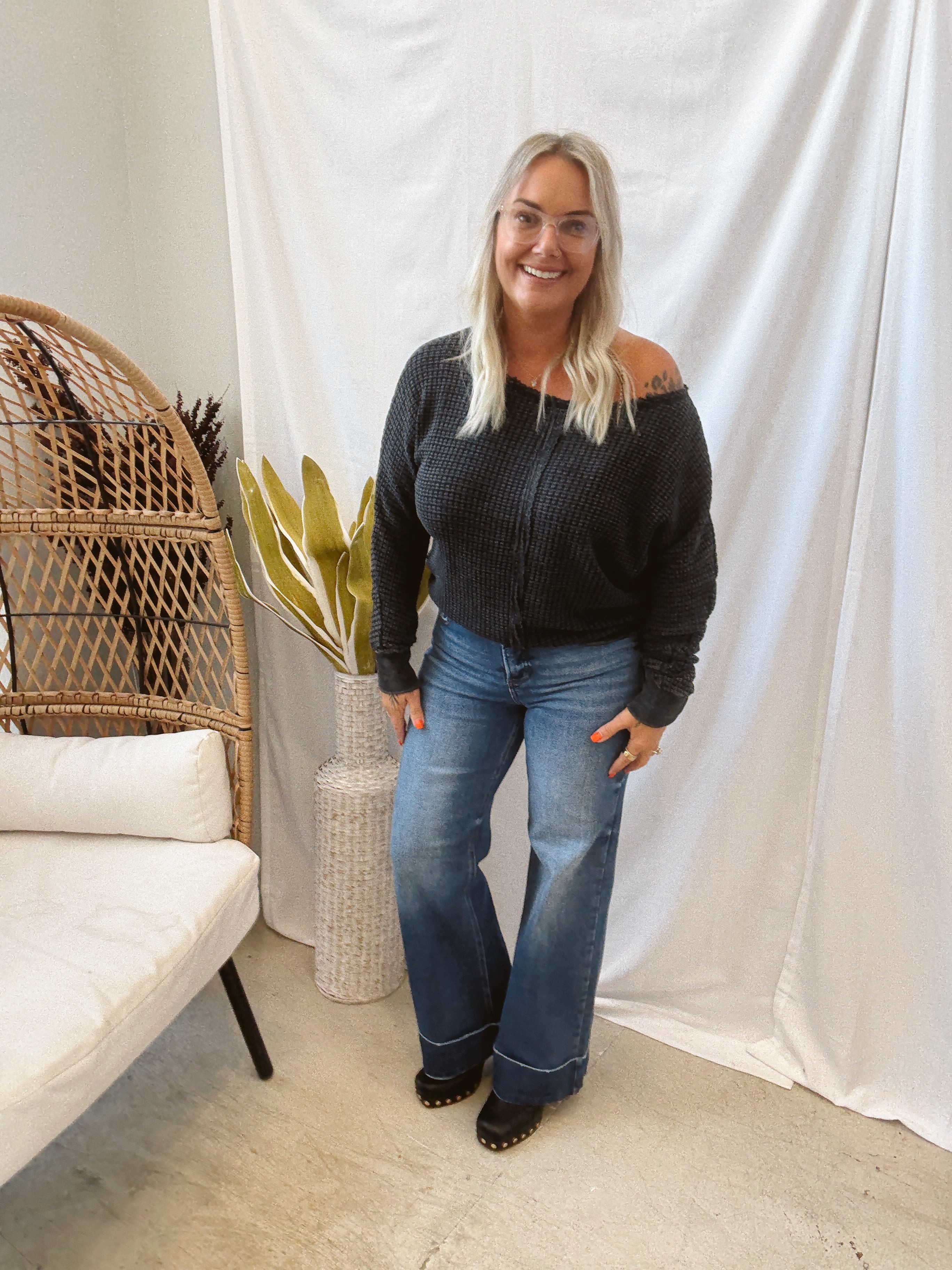 Mono B Chunky Boat Neck Waffle Top-Long Sleeve Tops-mono b-The Silo Boutique, Women's Fashion Boutique Located in Warren and Grand Forks North Dakota