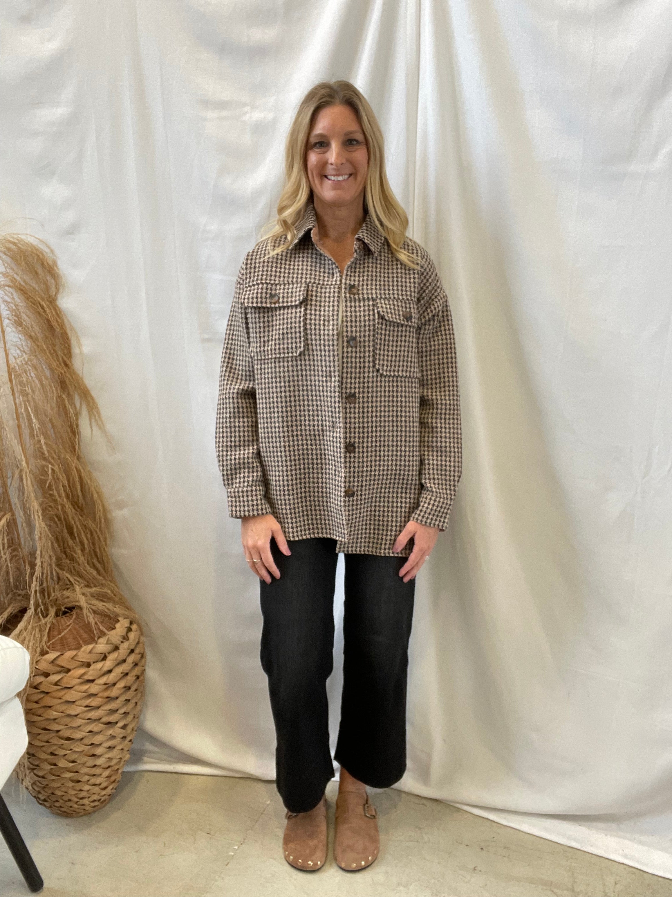Houndstooth Button Up Shacket-Blazers-hem and thread-The Silo Boutique, Women's Fashion Boutique Located in Warren and Grand Forks North Dakota