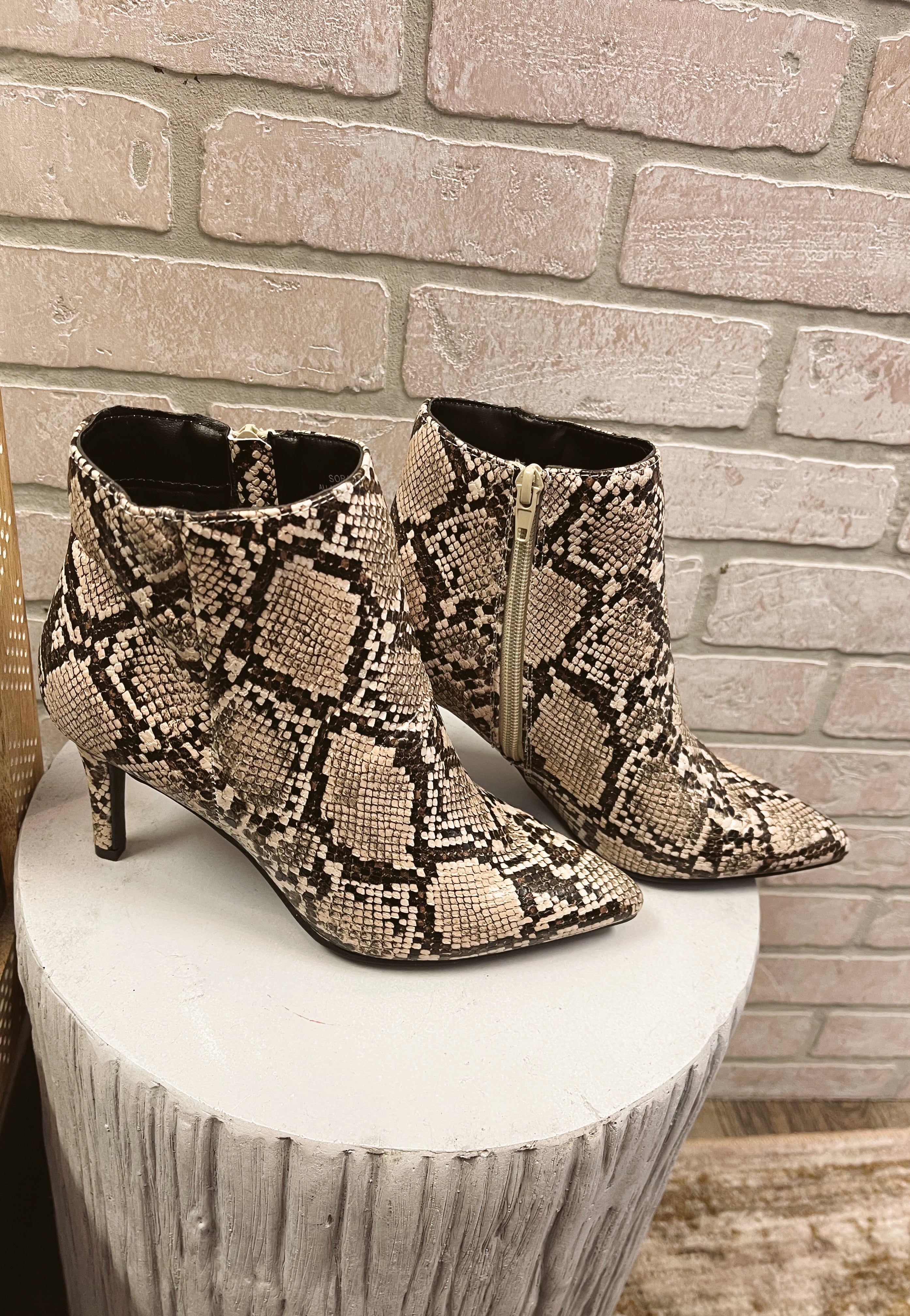 Bamboo Soraya Beige Snake Bootie-Final Sale-Boots-bamboo-The Silo Boutique, Women's Fashion Boutique Located in Warren and Grand Forks North Dakota