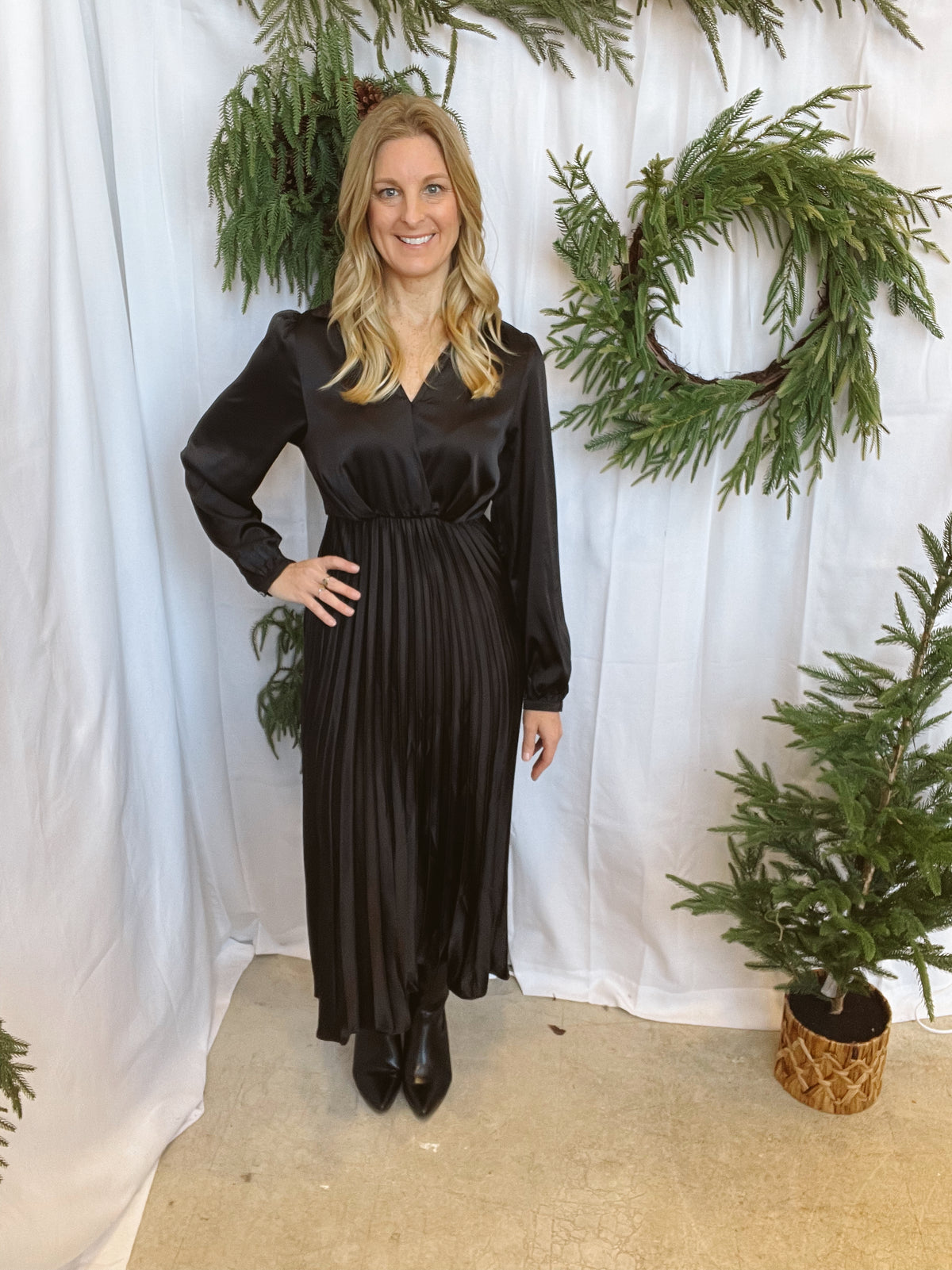 Satin Pleated Dress-Black-Sweaters-she and sky-The Silo Boutique, Women's Fashion Boutique Located in Warren and Grand Forks North Dakota