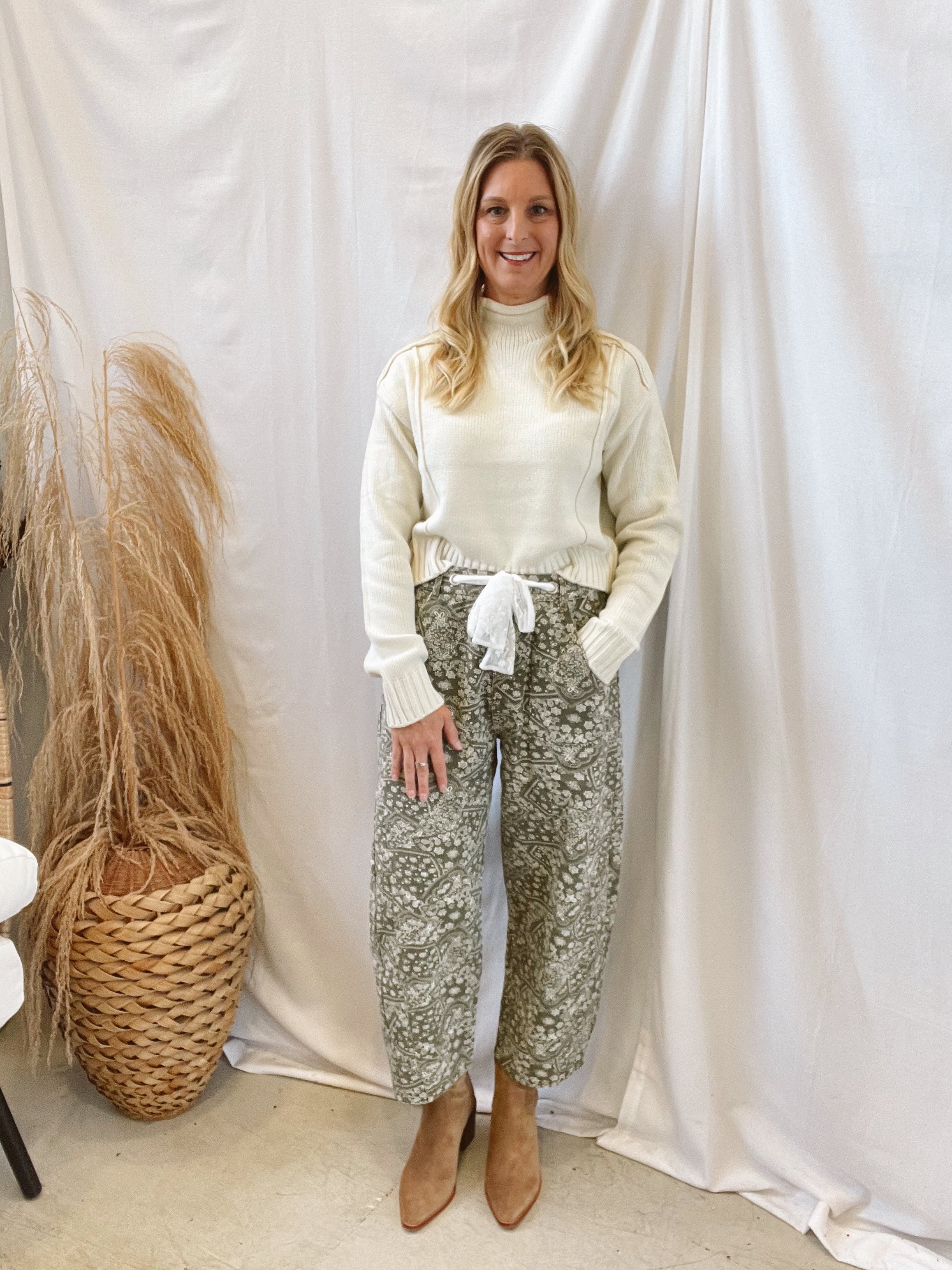Washed Olive Paisley Pants-Jeans-oddi-The Silo Boutique, Women's Fashion Boutique Located in Warren and Grand Forks North Dakota