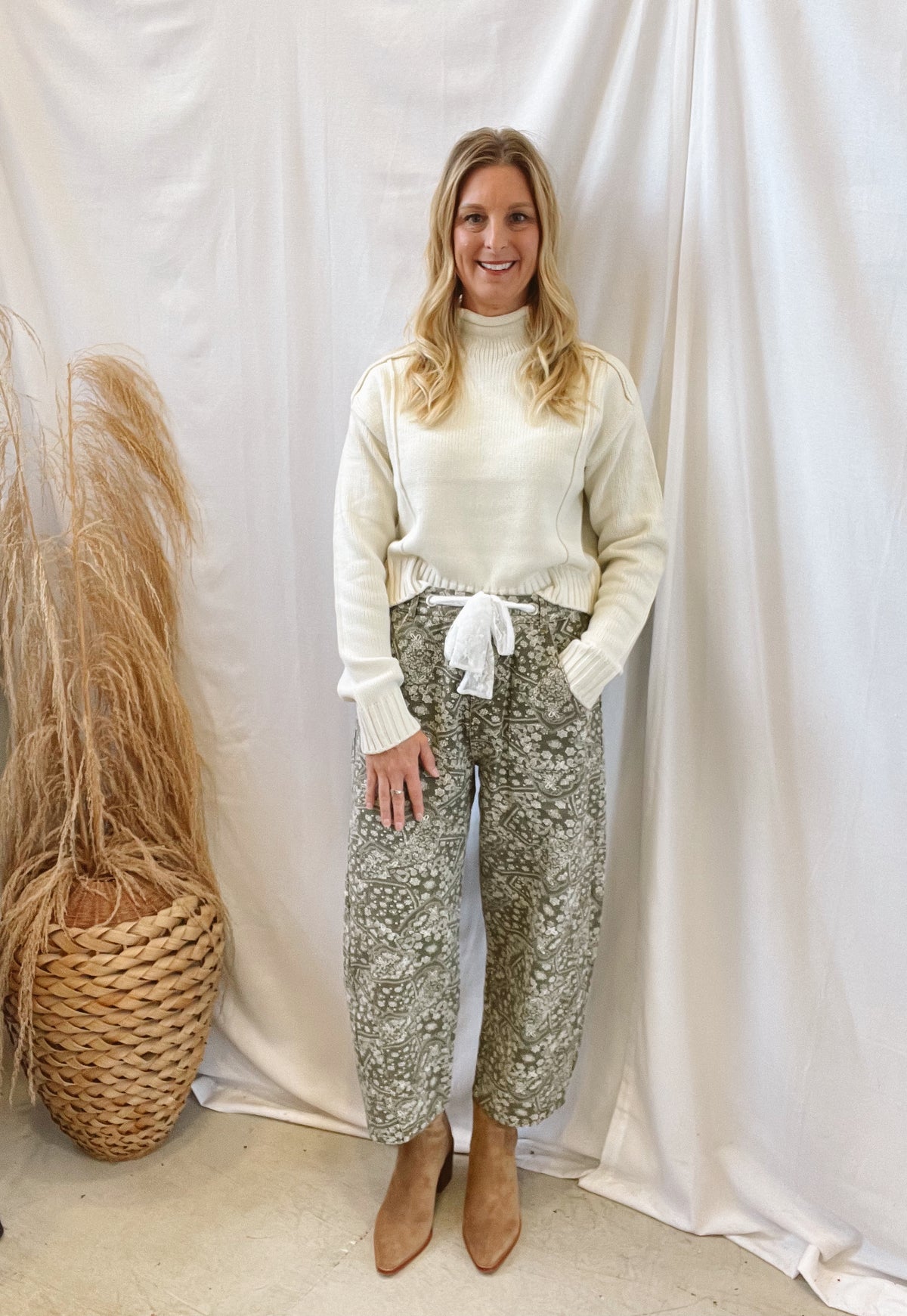 Washed Olive Paisley Pants-Jeans-oddi-The Silo Boutique, Women's Fashion Boutique Located in Warren and Grand Forks North Dakota