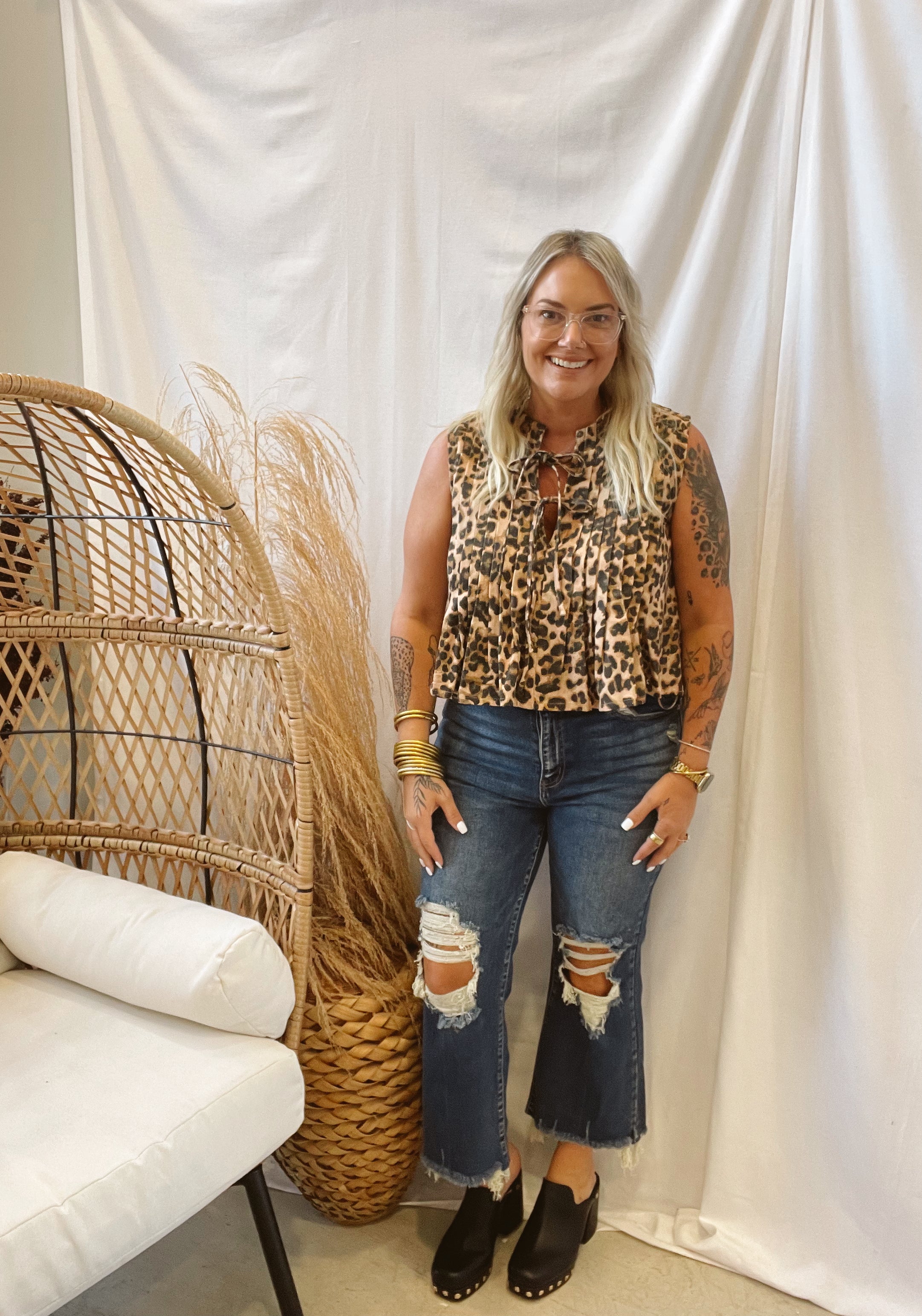 Front Tie Leopard Top-Tank Tops-l-The Silo Boutique, Women's Fashion Boutique Located in Warren and Grand Forks North Dakota