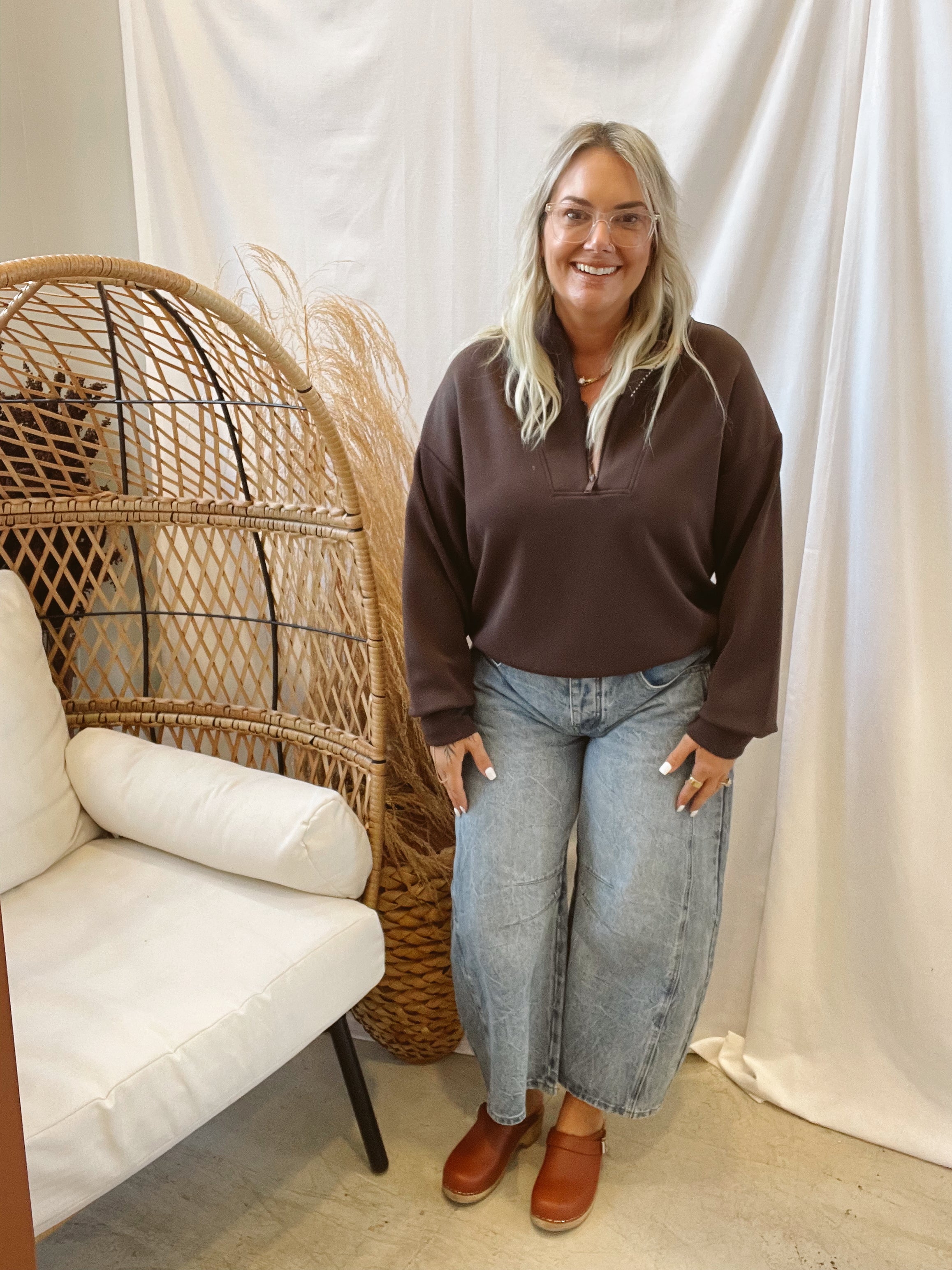 Rae Scuba Luxe V Neck Sweatshirt-Espresso-Sweatshirts-rae mode-The Silo Boutique, Women's Fashion Boutique Located in Warren and Grand Forks North Dakota