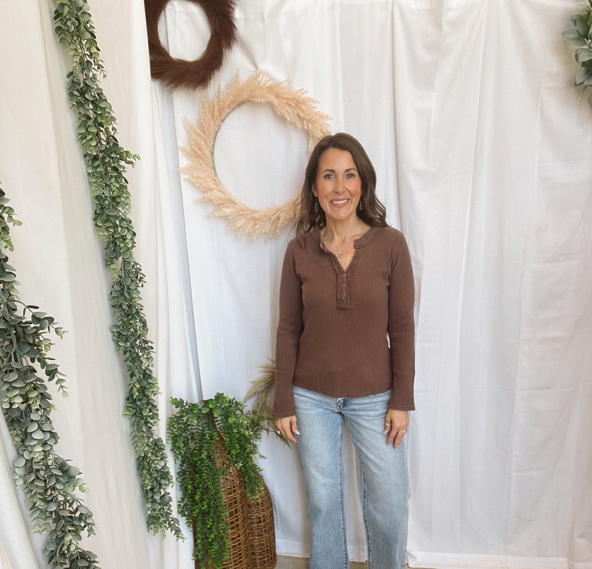 Clara Henley Top-Brown-Long Sleeve Tops-hyfve-The Silo Boutique, Women's Fashion Boutique Located in Warren and Grand Forks North Dakota