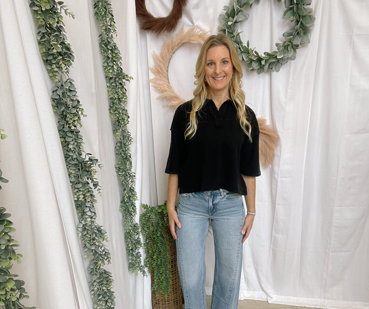 Livy Short Sleeve Collar Top-Black-Short Sleeve Tops-hyfve-The Silo Boutique, Women's Fashion Boutique Located in Warren and Grand Forks North Dakota
