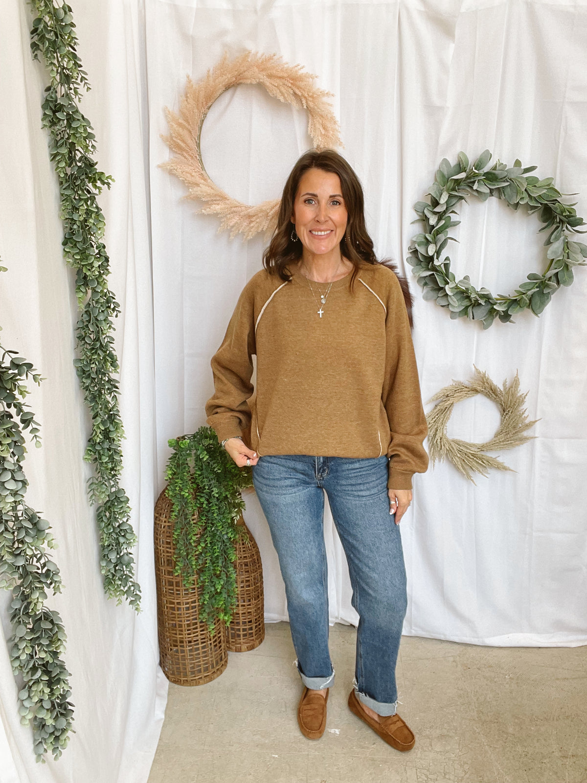 Double Knit Crew Sweater-Coffee-Sweaters-hem and thread-The Silo Boutique, Women's Fashion Boutique Located in Warren and Grand Forks North Dakota