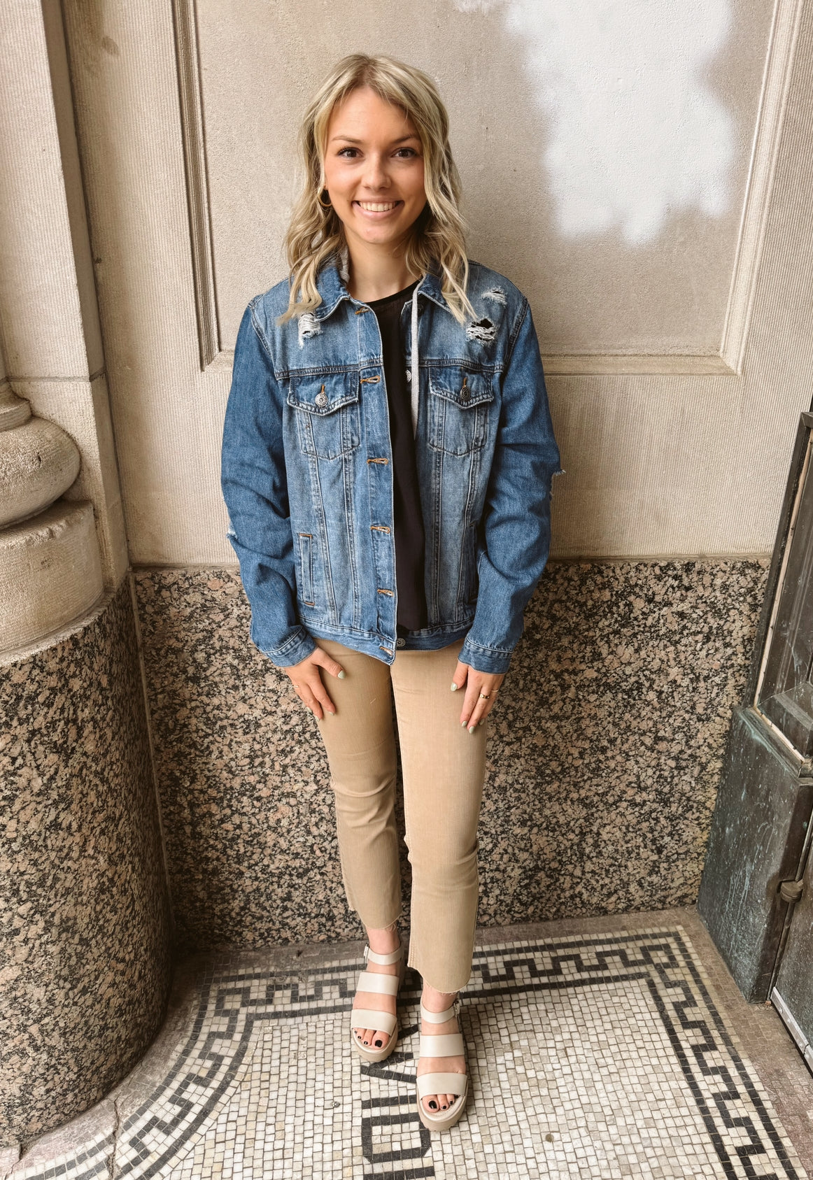 Risen Medium Wash Vintage Hooded Denim Jacket-Coats & Jackets-risen-The Silo Boutique, Women's Fashion Boutique Located in Warren and Grand Forks North Dakota