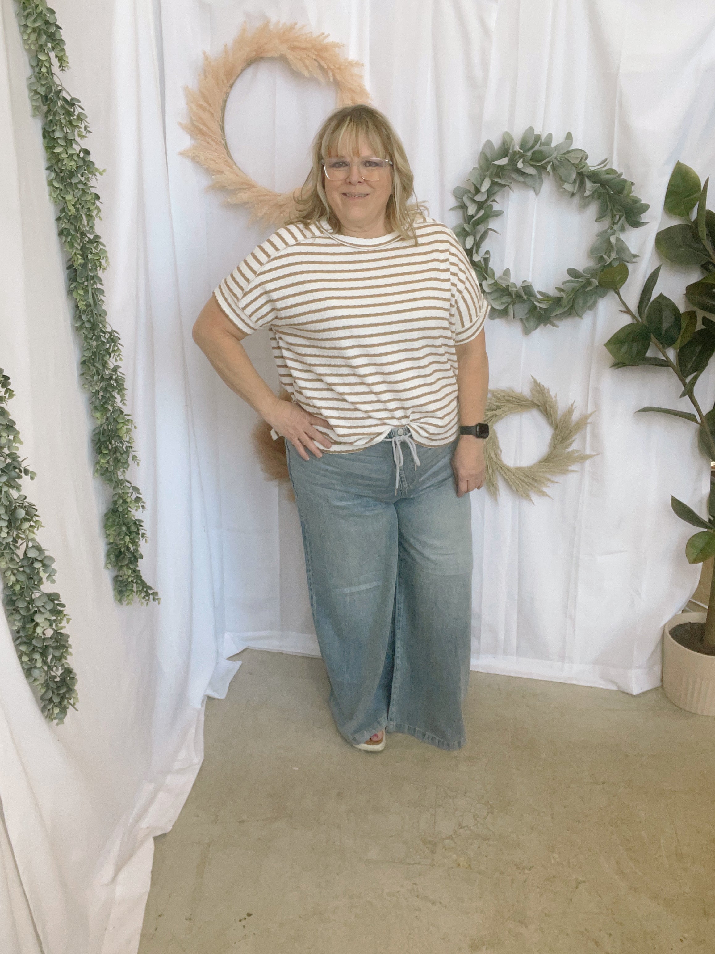 Robi Striped Tee-Camel-Short Sleeve Tops-Zenana-The Silo Boutique, Women's Fashion Boutique Located in Warren and Grand Forks North Dakota