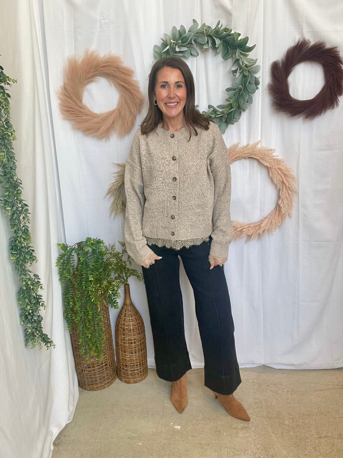 Sandy Lace Trim Cardigan-Oatmeal-Cardigans-blu pepper-The Silo Boutique, Women's Fashion Boutique Located in Warren and Grand Forks North Dakota