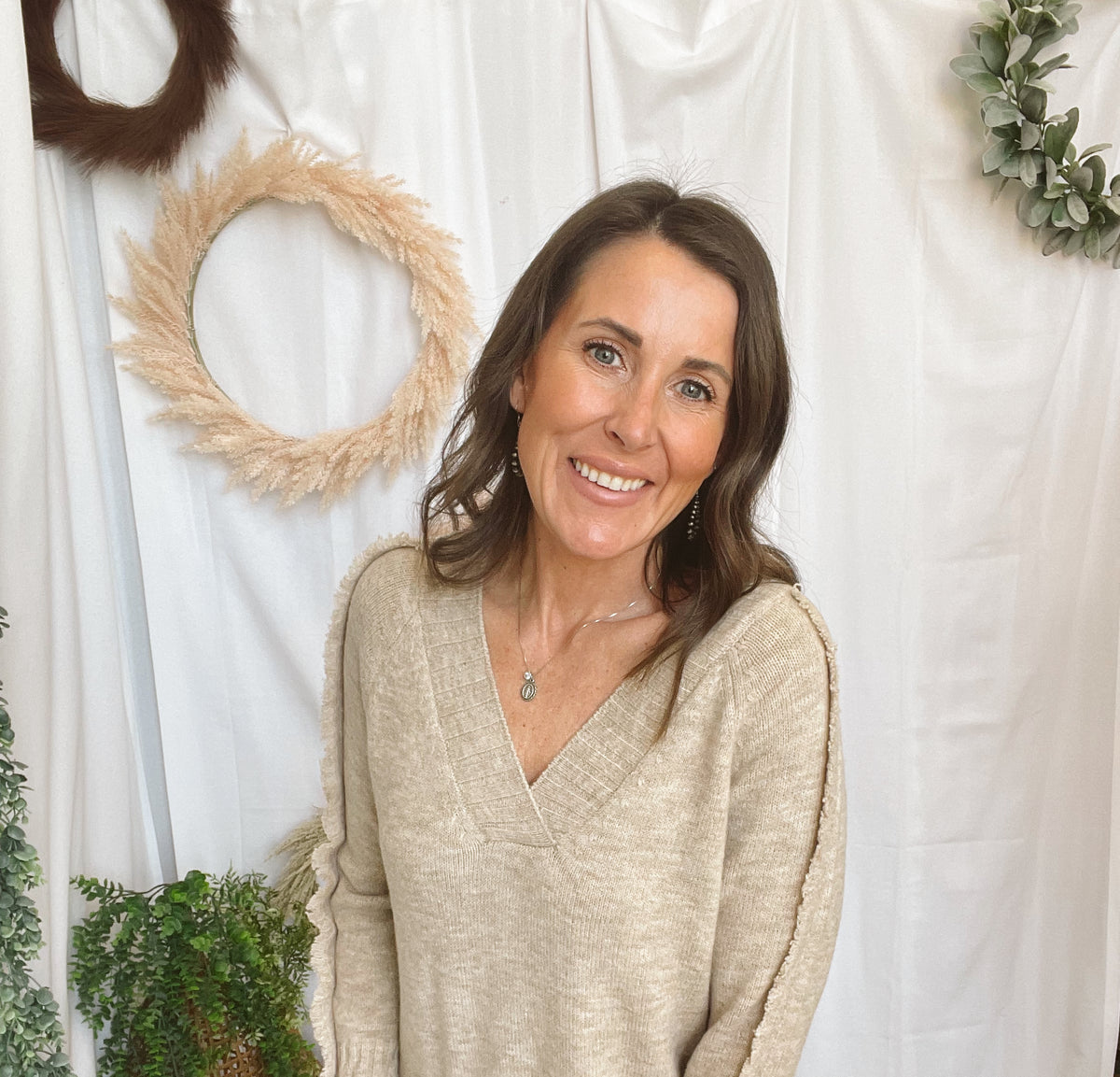 Elan Falling V Neck Sweater-Stone-Sweaters-elan-The Silo Boutique, Women's Fashion Boutique Located in Warren and Grand Forks North Dakota